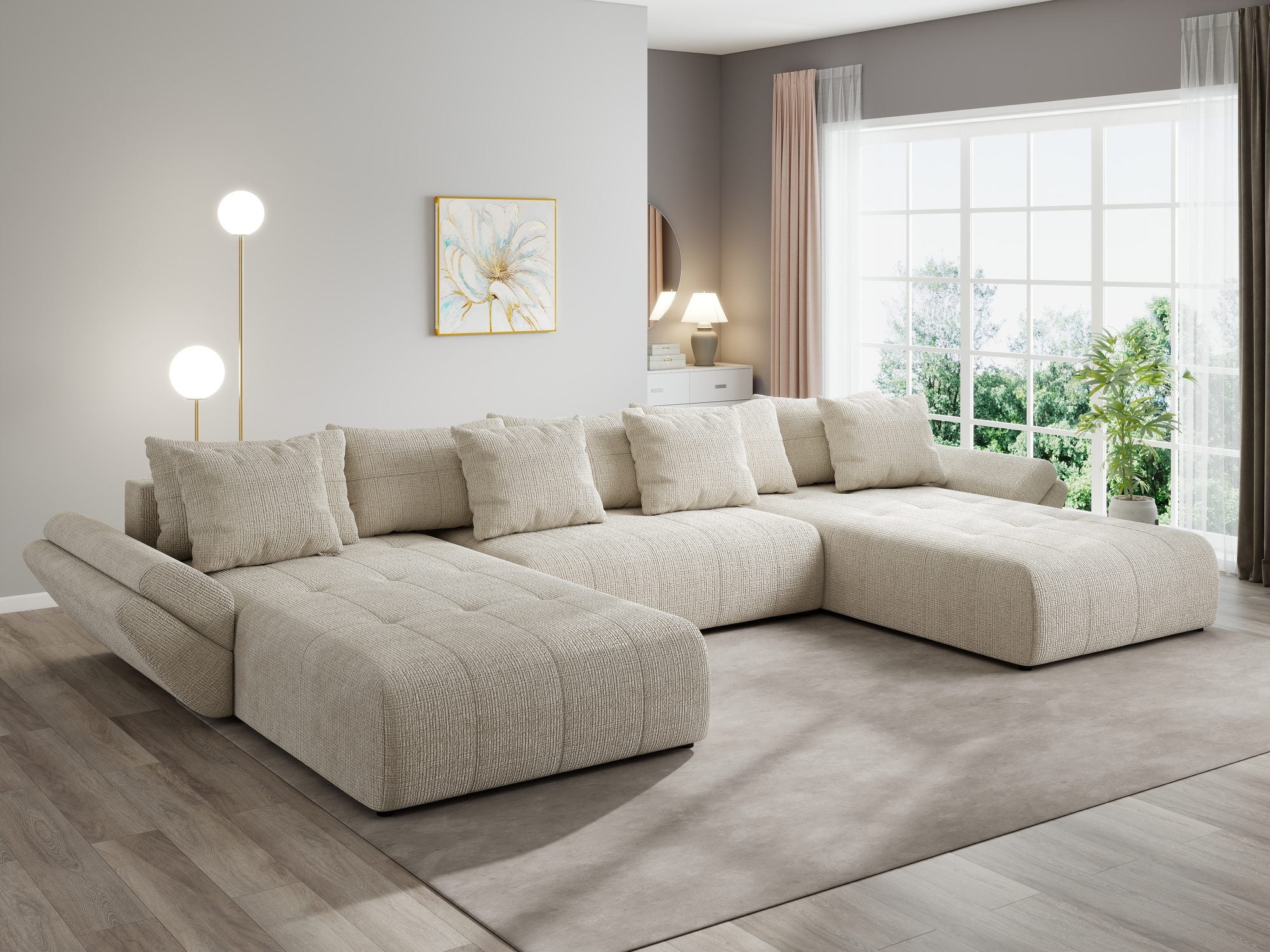 Colțar extensibil dumonde cu ladă de depozitare si sezut confortabil din spuma high-density, Berlin U Cremona Gri Deschis 02 380x180 cm