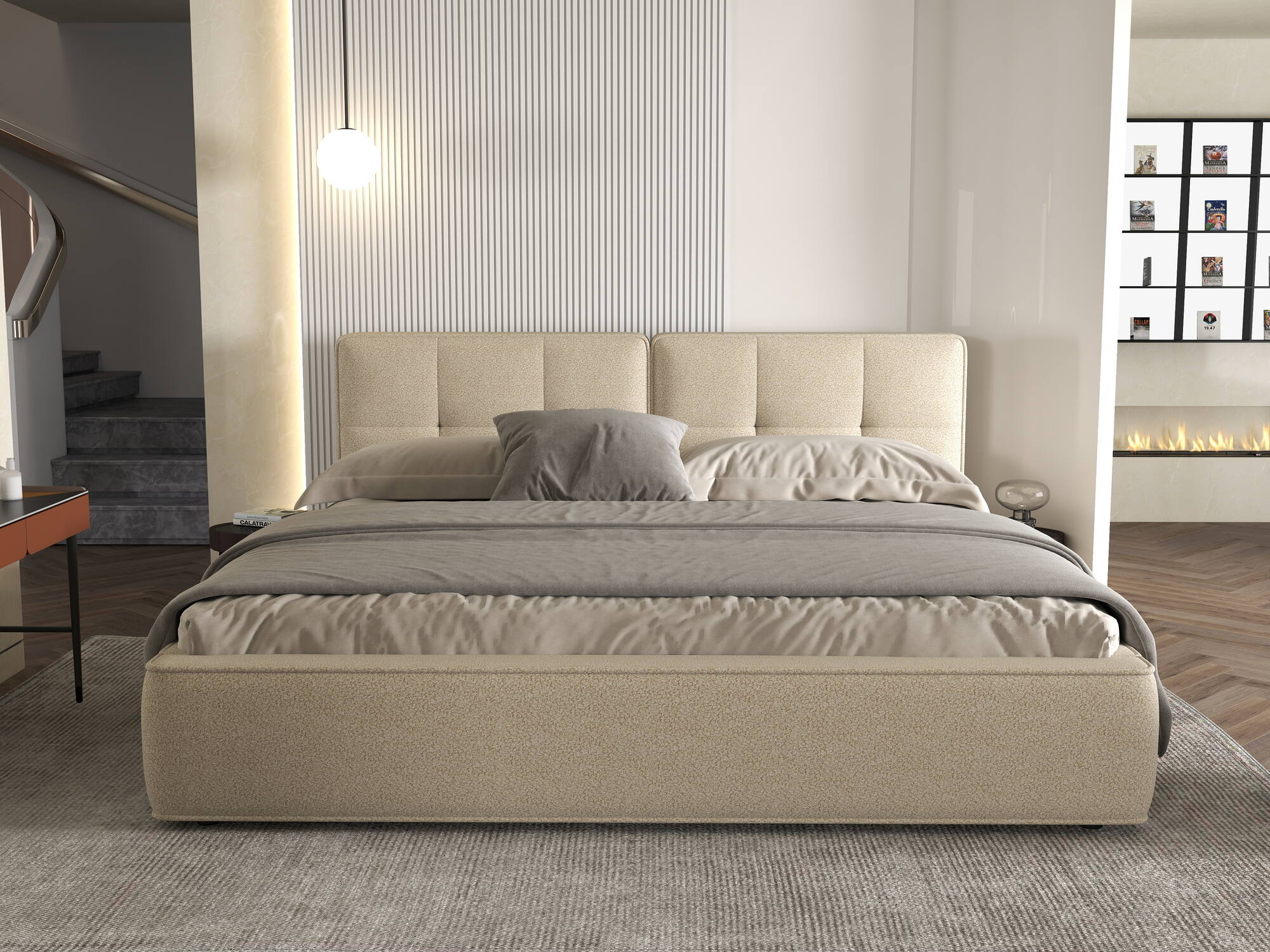 Pat dormitor dumonde, tapitat bej, Vegas 180x200 cm, somiera rabatabila inclusa, spatiu depozitare