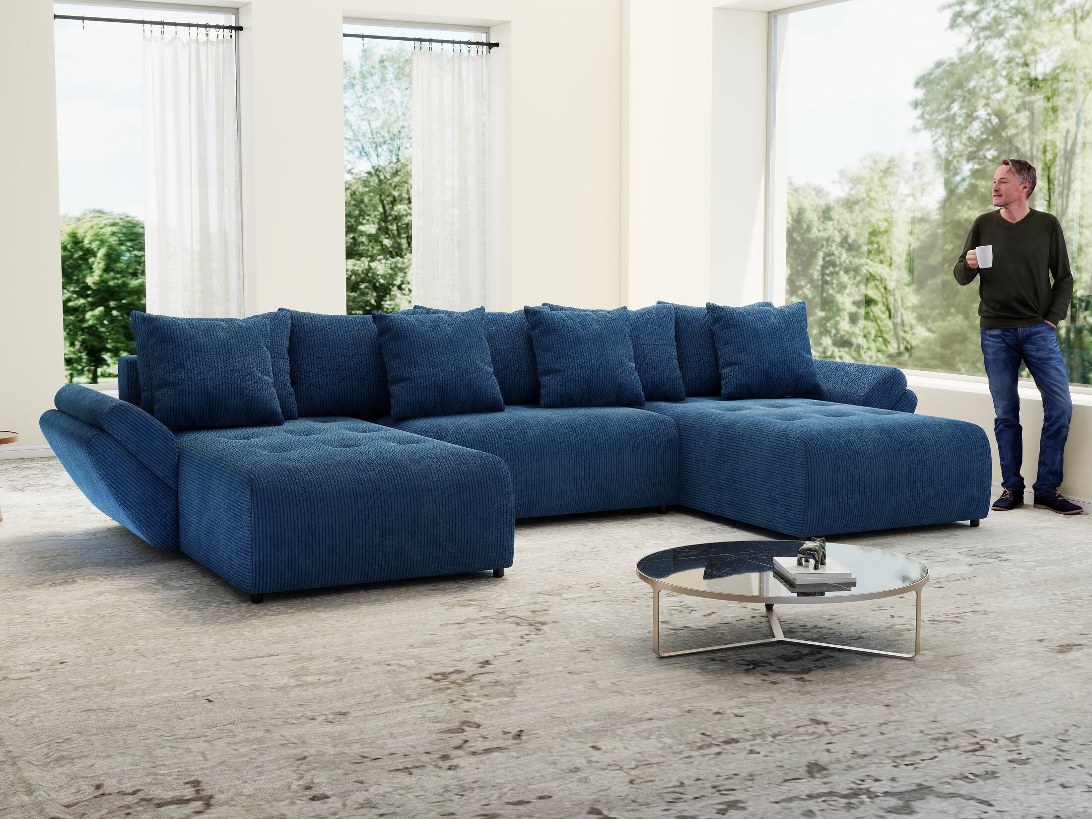 Colțar extensibil dumonde cu ladă de depozitare Berlin U Zoom Blue 400x185 cm