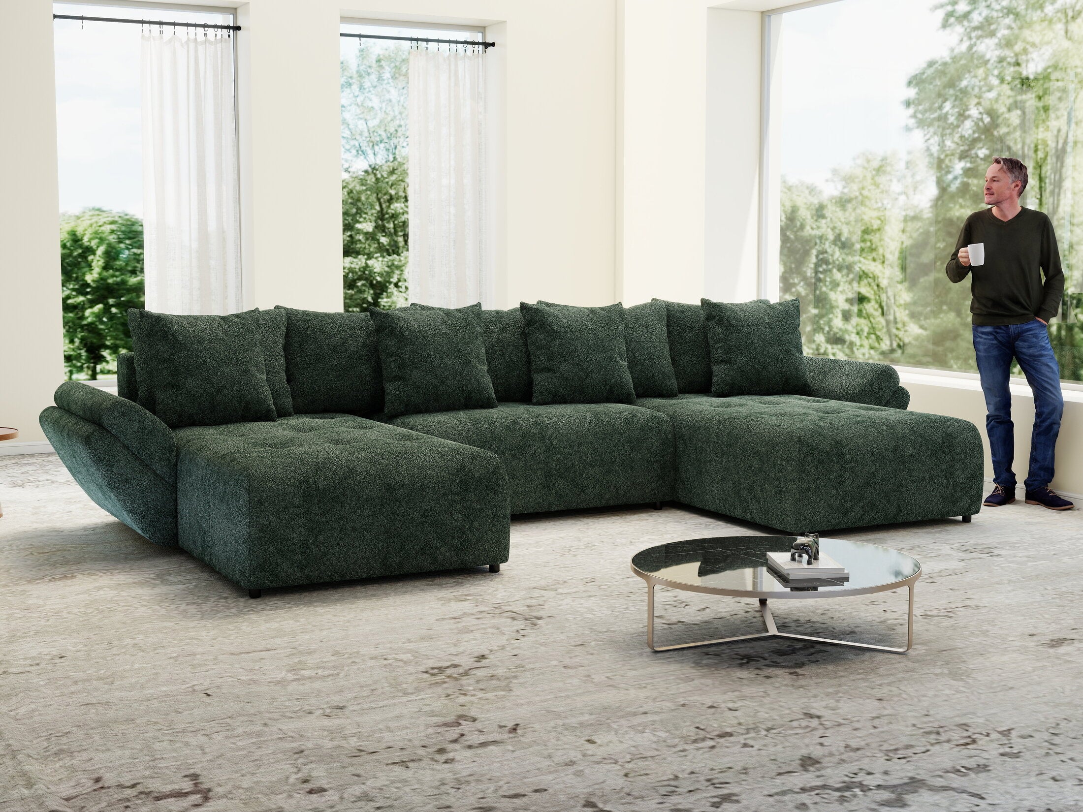 Colțar extensibil dumonde cu ladă de depozitare si sezut confortabil din spuma HR, Berlin U Euphoria Verde 380x180 cm