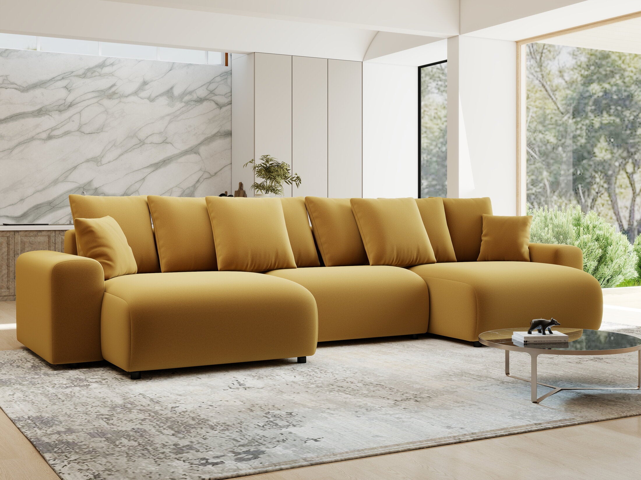 Colțar extensibil dumonde cu ladă de depozitare si sezut confortabil din spuma HR, Luma U Royal Mustar 336x140 cm