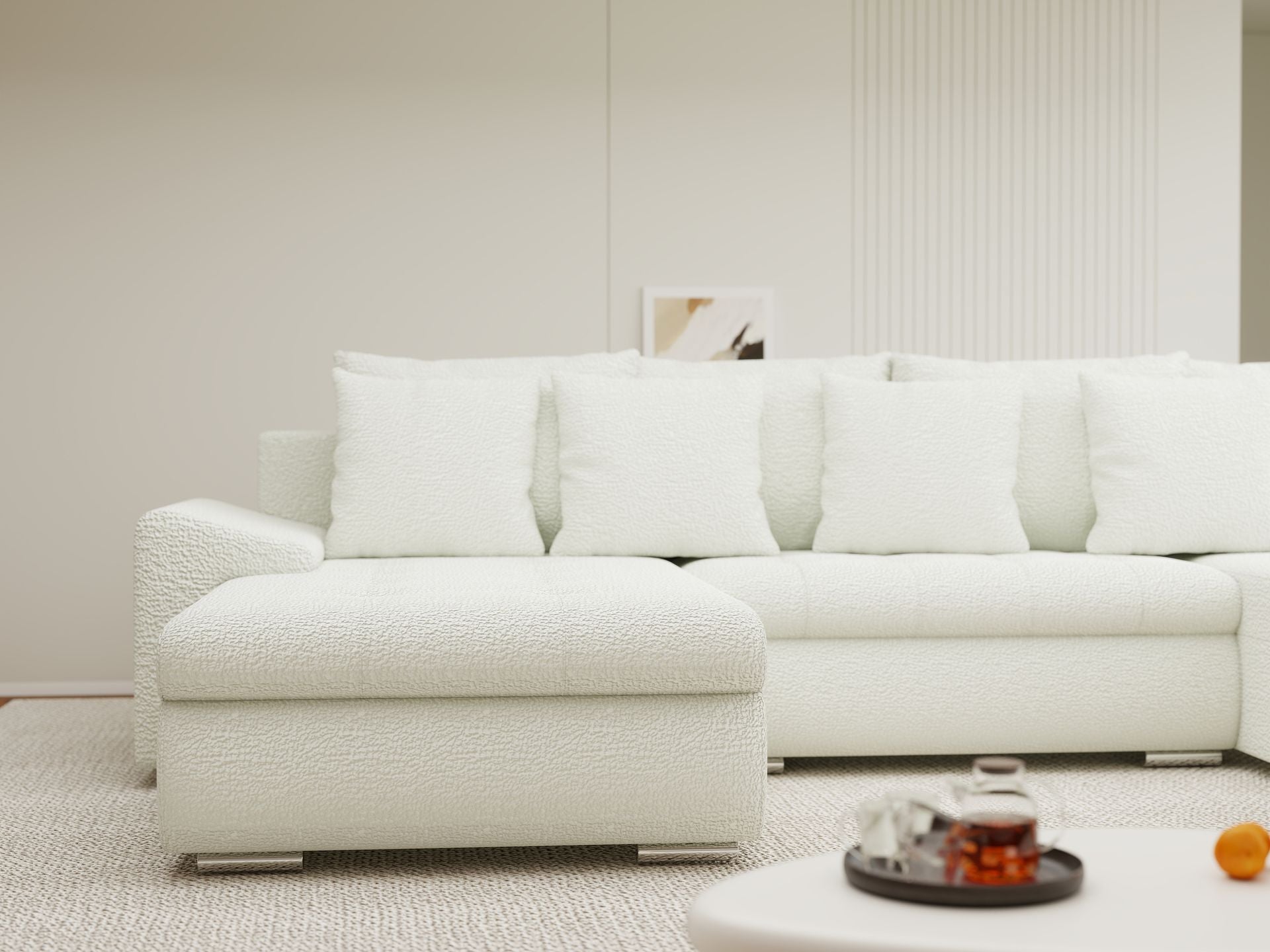 Colțar extensibil dumonde cu ladă de depozitare si sezut confortabil din spuma high-density, Leonardo U Jaguar Ivory 01 360x185 cm
