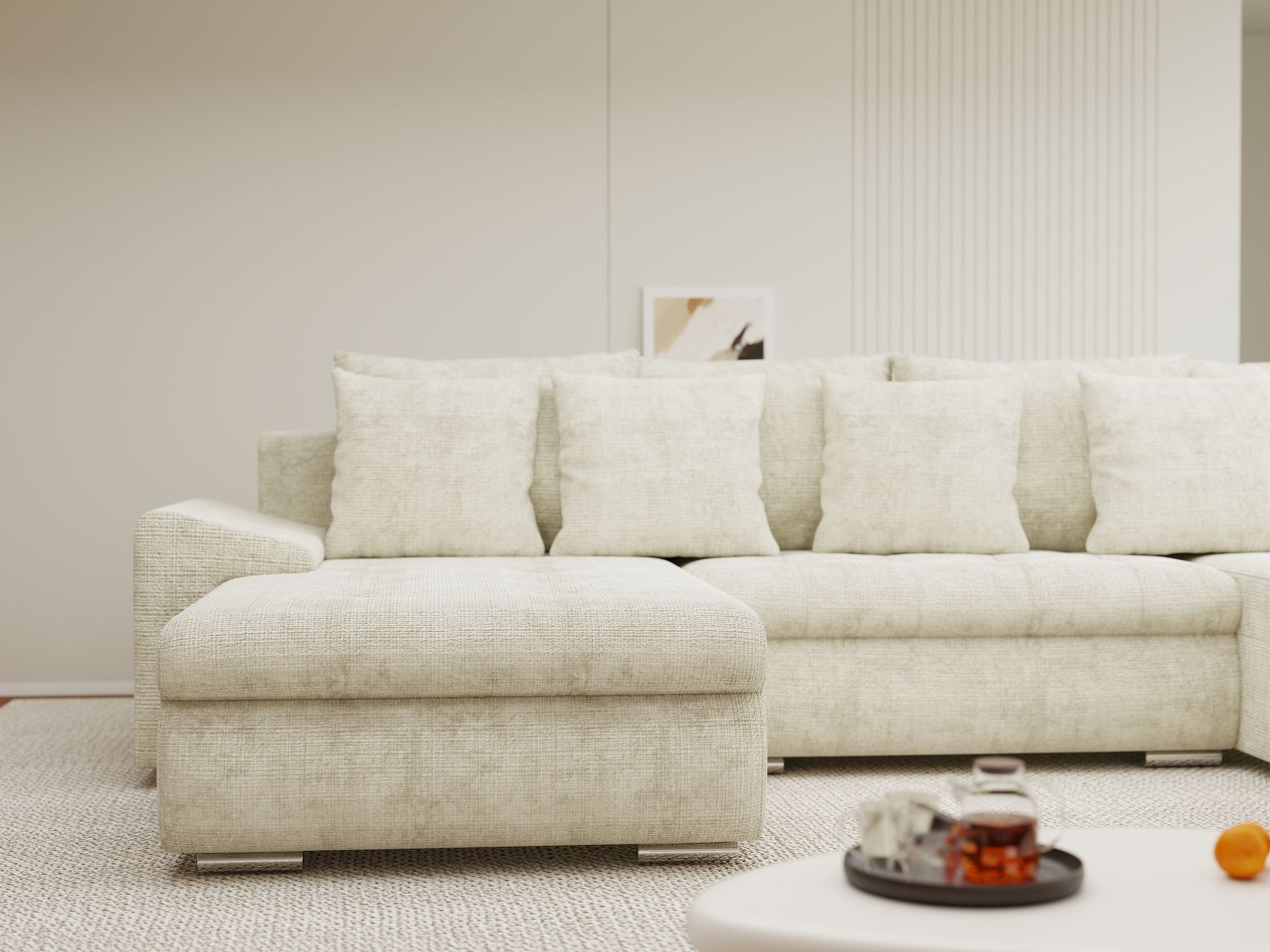 Colțar extensibil dumonde cu ladă de depozitare si sezut confortabil din spuma high-density, Leonardo U Cremona Bej 01 360x185 cm