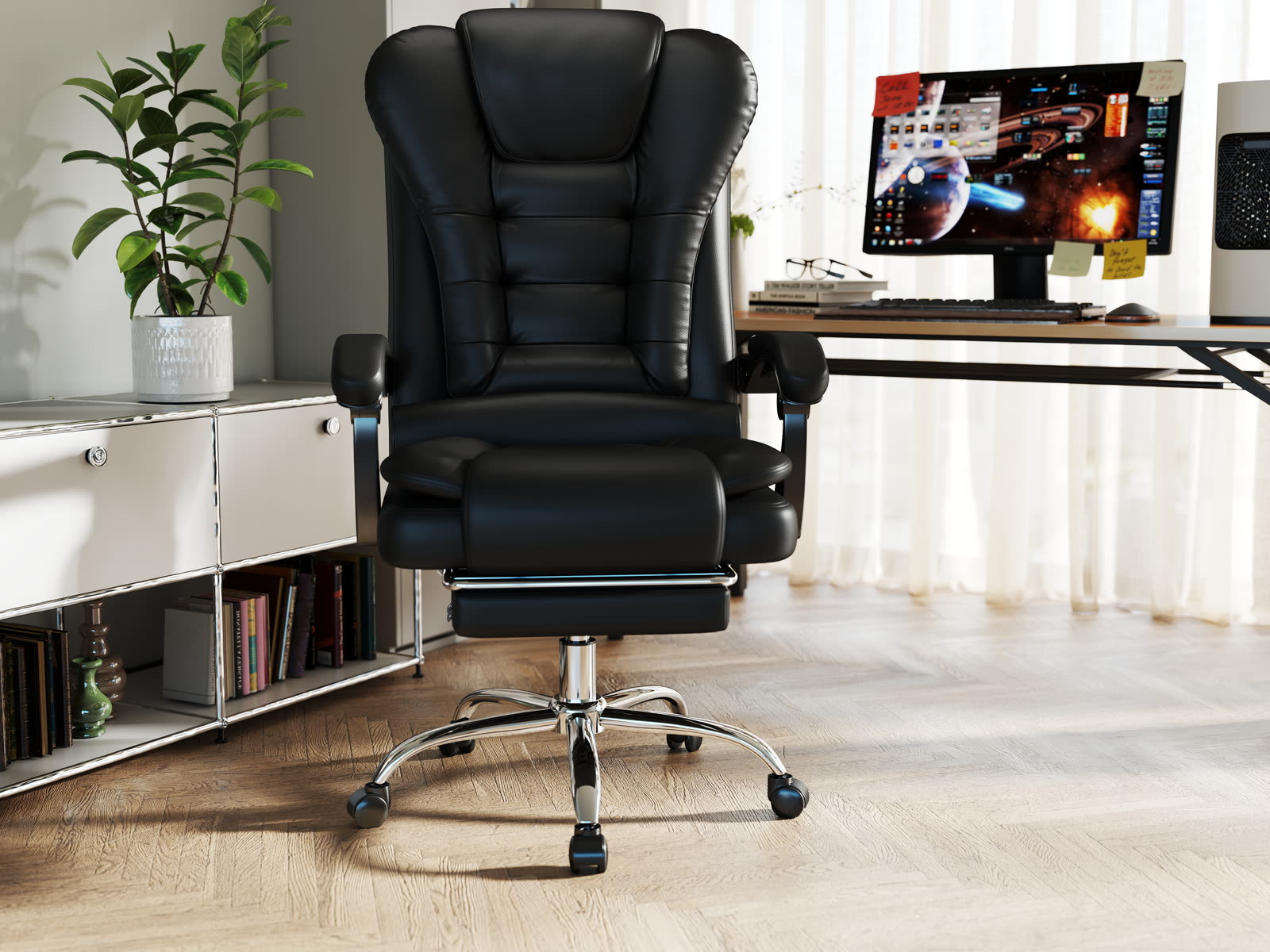 Scaun Directorial Dumonde OMEGA, cotiere 3D, mecanism multifuncțional, ecopiele, suport picioare, negru