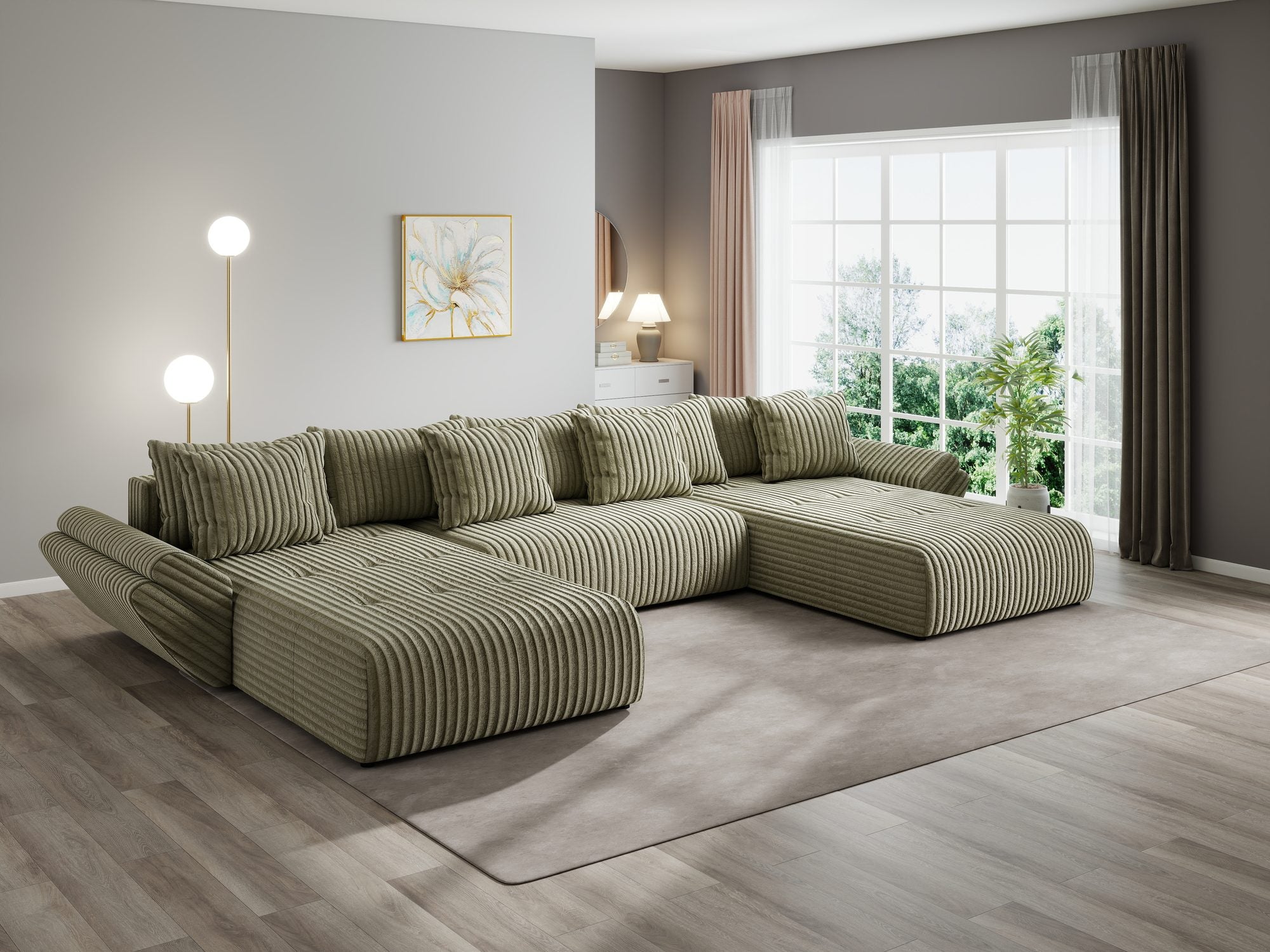 Colțar extensibil dumonde cu ladă de depozitare si sezut confortabil din spuma high-density, Berlin U Tilia Verde Olive 37 380x180 cm