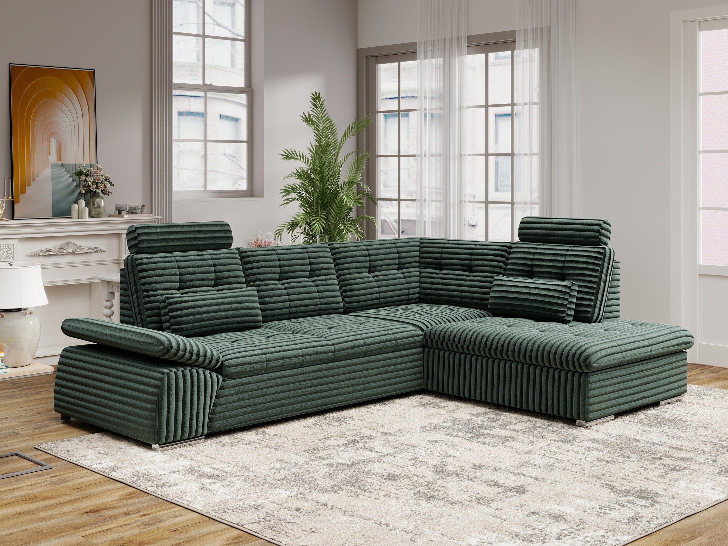 Colțar extensibil dumonde cu ladă de depozitare și șezut confortabil din spumă HR, Merkur XL Ambience Verde 256x217 cm II