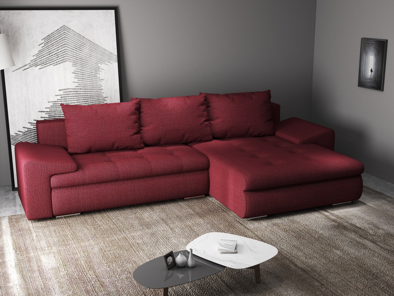 Colțar extensibil dumonde cu ladă de depozitare si sezut confortabil din spuma HR, Leonardo Enjoy Rosu 260x185 cm II Fabrica