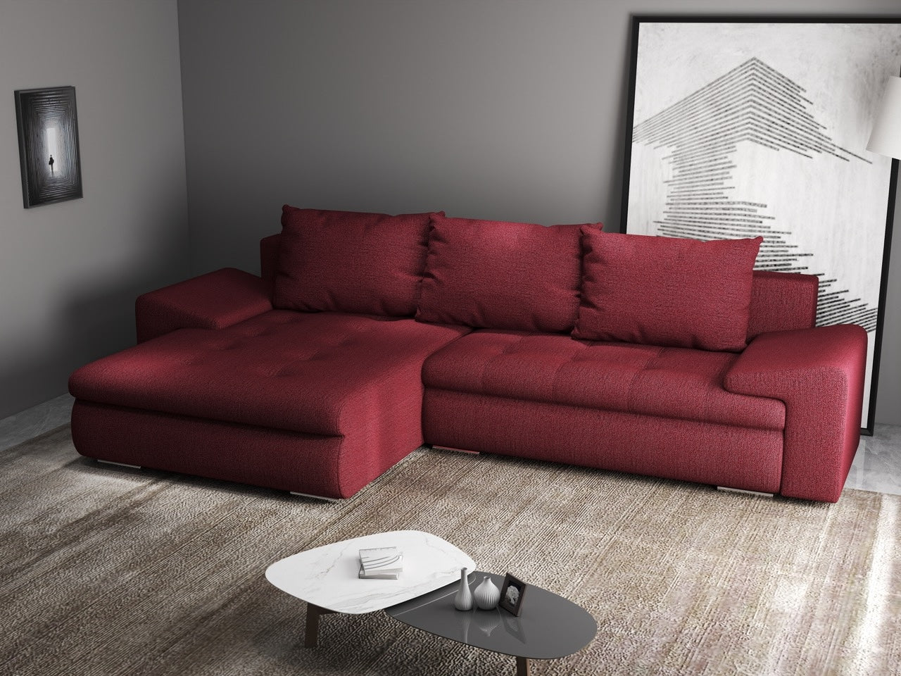 Colțar extensibil dumonde cu ladă de depozitare si sezut confortabil din spuma HR, Leonardo Enjoy Rosu 260x185 cm Fabrica