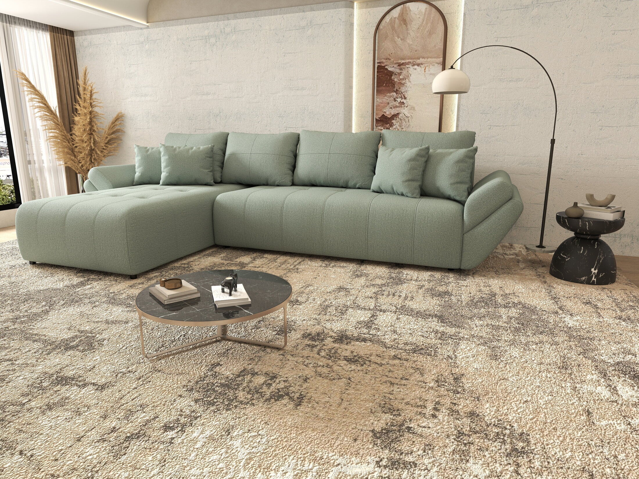 Colțar extensibil dumonde cu ladă de depozitare si sezut confortabil din spuma HR, Berlin XL Enjoy Mint 350x185 cm