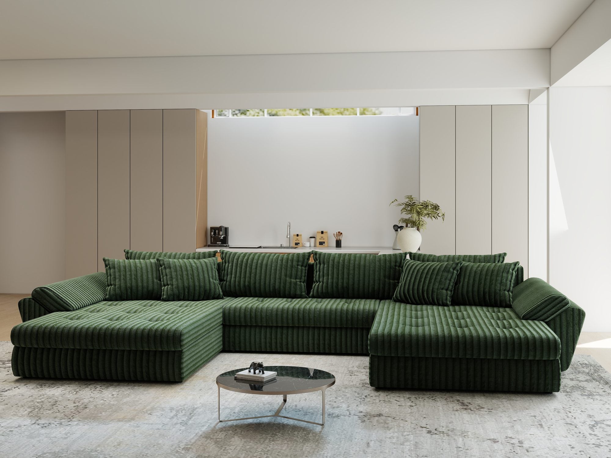 Colțar extensibil dumonde cu ladă de depozitare si sezut confortabil din spuma high-density, Loana U Tilia Verde 39 355x185 cm