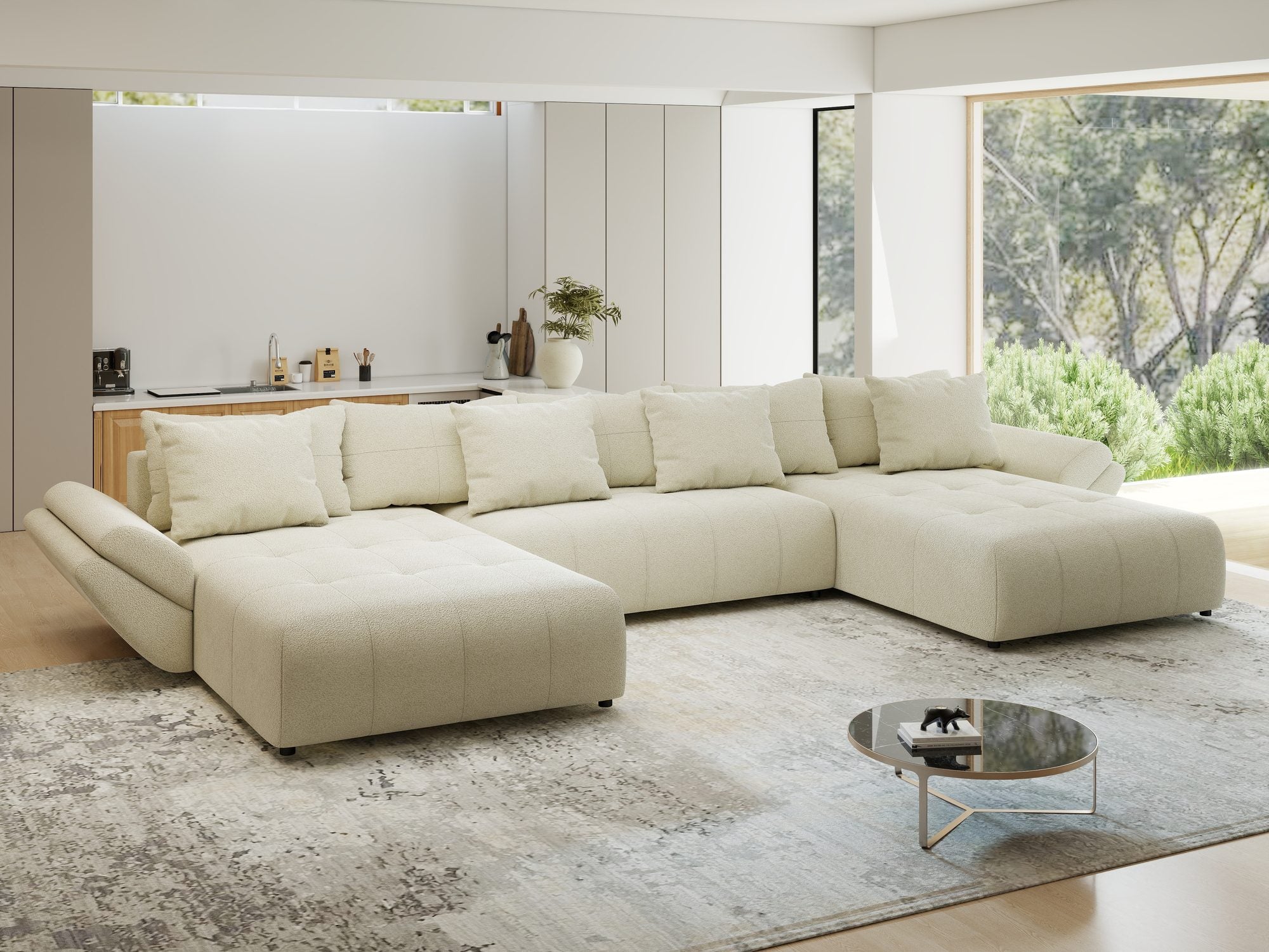 Colțar extensibil dumonde cu ladă de depozitare si sezut confortabil din spuma high-density, Berlin U Quelle Bej 02 380x180 cm