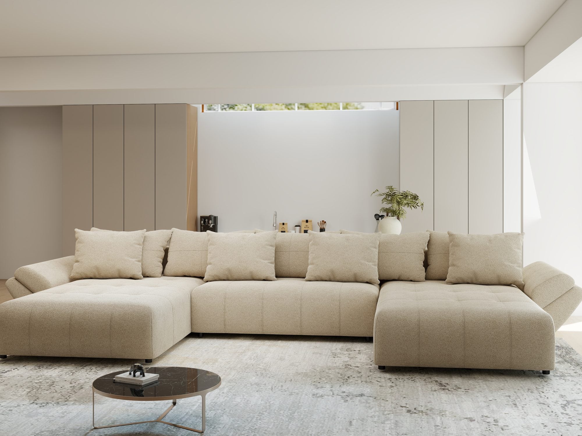 Colțar extensibil dumonde cu ladă de depozitare si sezut confortabil din spuma high-density, Berlin U Quelle Bej 05 380x180 cm