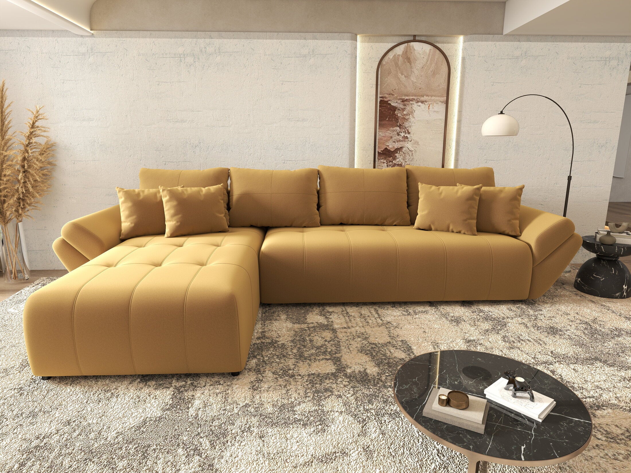 Colțar extensibil dumonde cu ladă de depozitare si sezut confortabil din spuma HR, Berlin XL Royal Mustar 350x185 cm