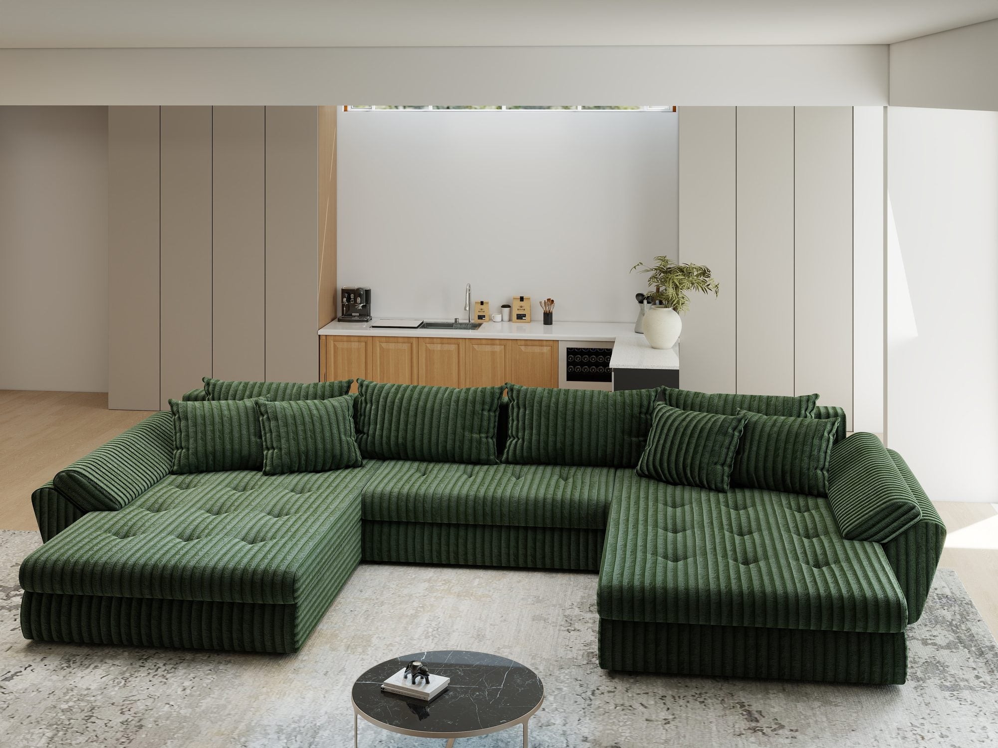 Colțar extensibil dumonde cu ladă de depozitare si sezut confortabil din spuma high-density, Loana U Tilia Verde 39 355x185 cm