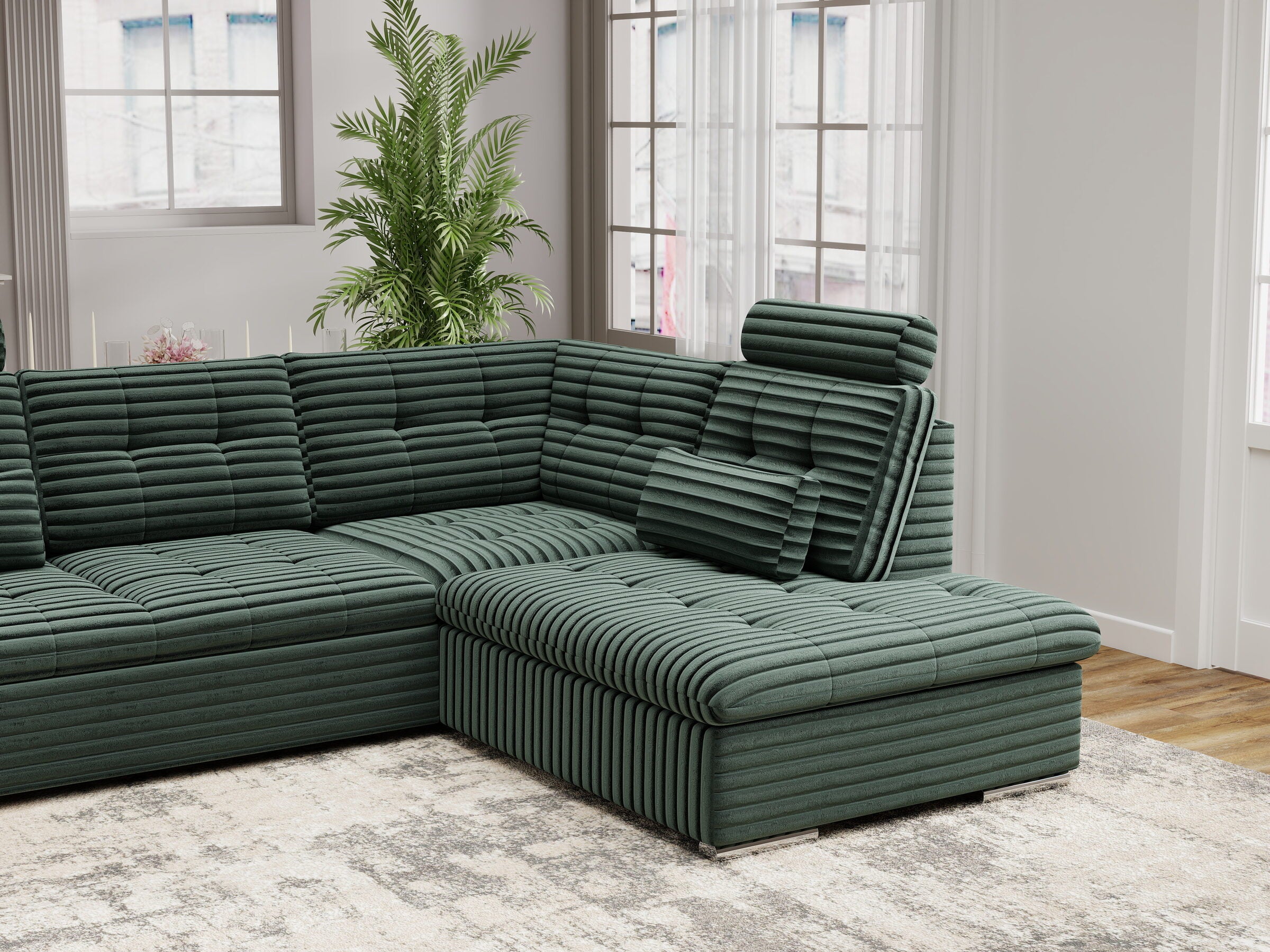 Colțar extensibil dumonde cu ladă de depozitare și șezut confortabil din spumă HR, Merkur XL Ambience Verde 256x217 cm II