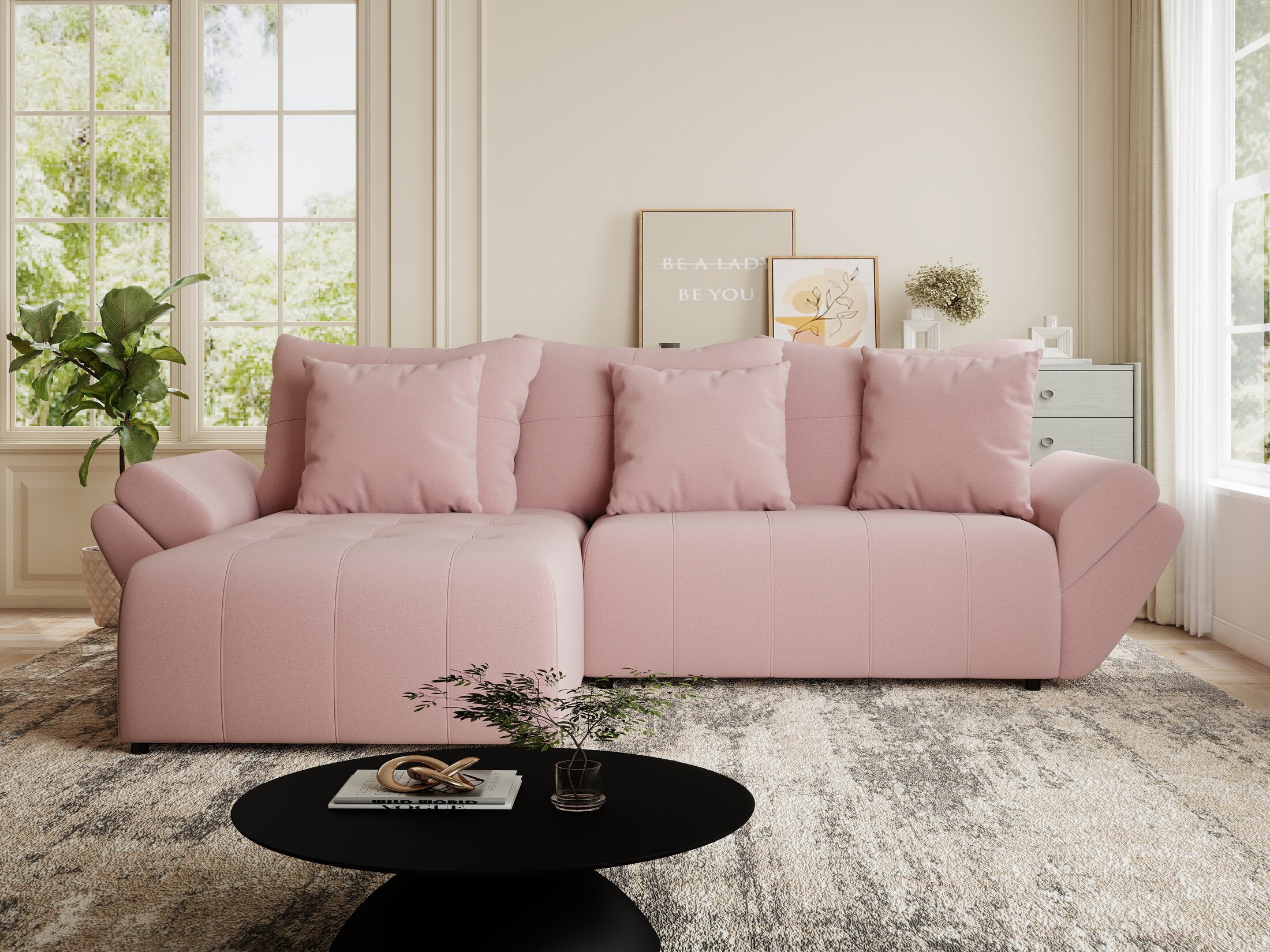 Colțar extensibil dumonde cu ladă de depozitare si sezut confortabil din spuma HR, Berlin Royal Roz 280x185 cm