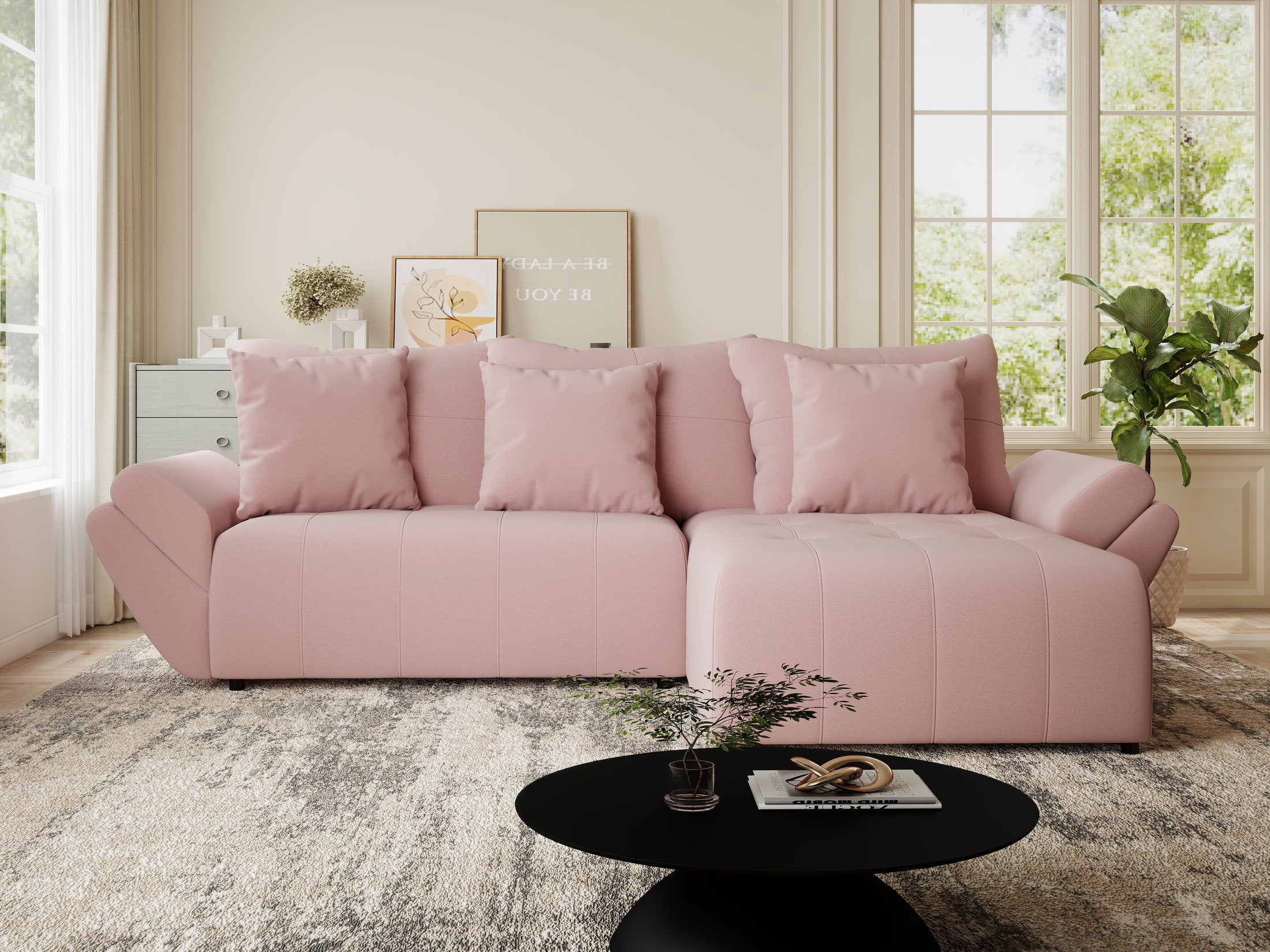 Colțar extensibil dumonde cu ladă de depozitare si sezut confortabil din spuma HR, Berlin Royal Roz 280x185 cm II