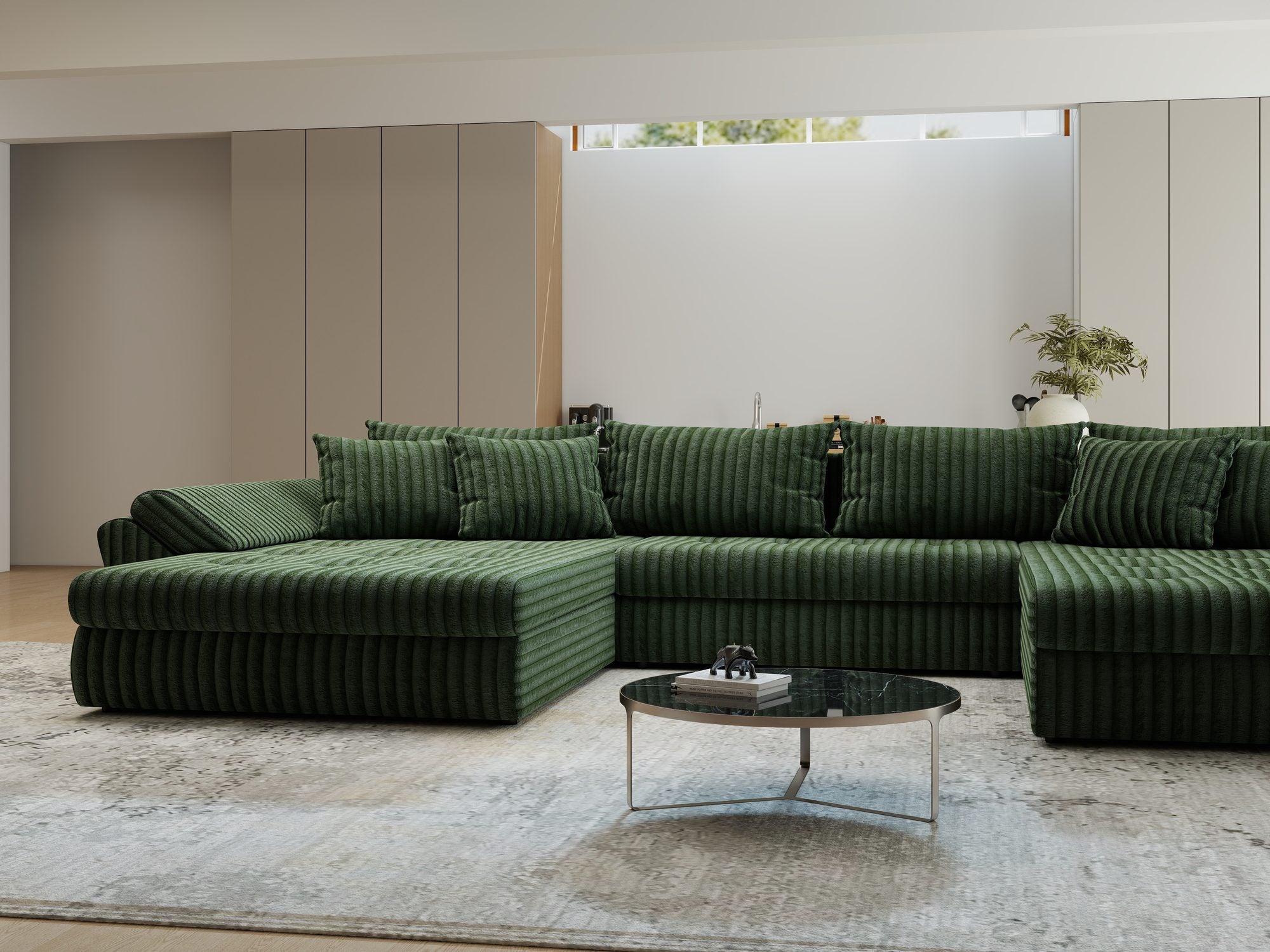 Colțar extensibil dumonde cu ladă de depozitare si sezut confortabil din spuma high-density, Loana U Tilia Verde 39 355x185 cm