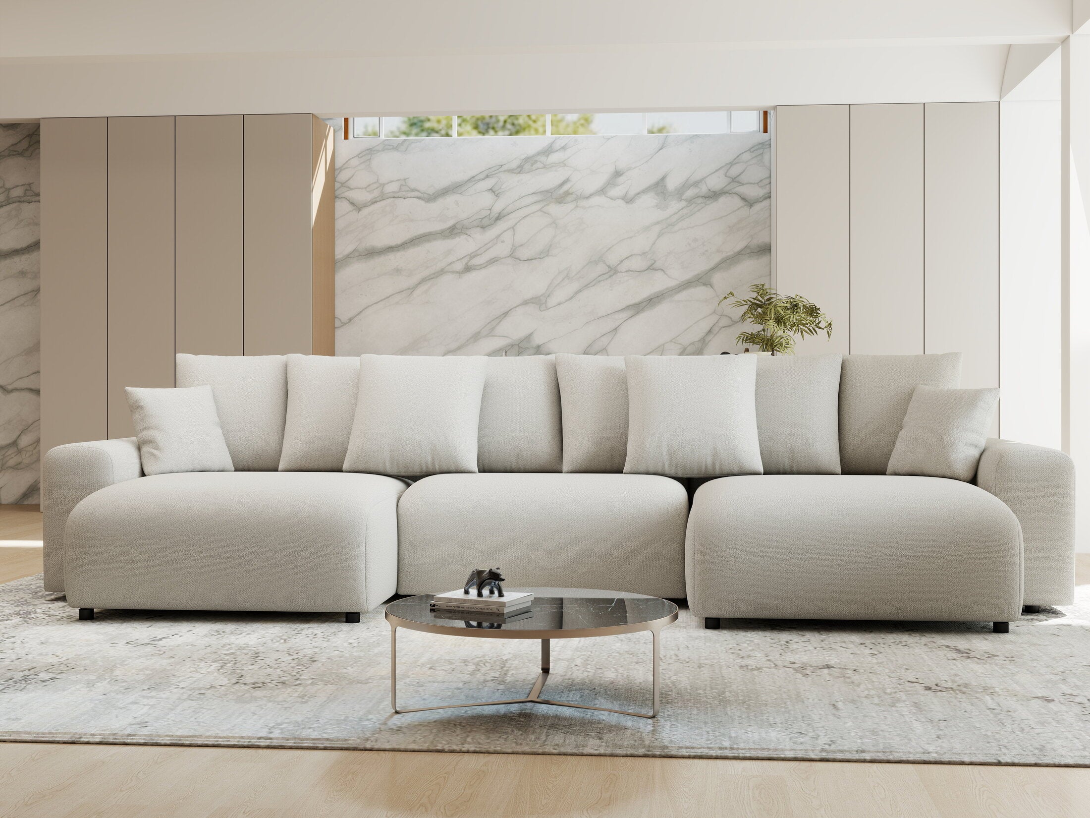 Colțar extensibil dumonde cu ladă de depozitare si sezut confortabil din spuma HR, Luma U Enjoy Bej 336x140 cm