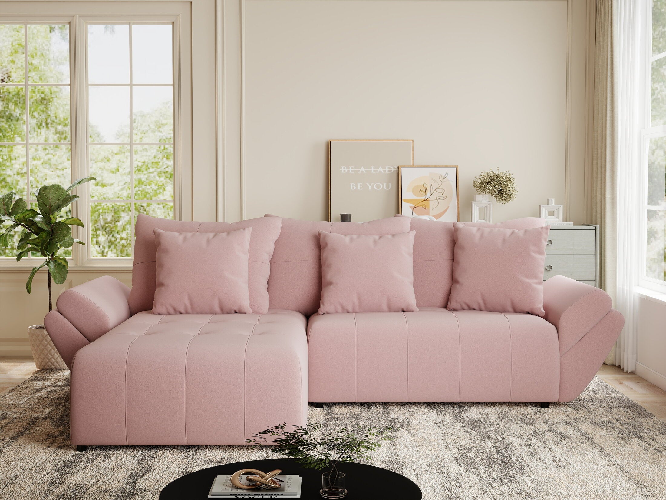 Colțar extensibil dumonde cu ladă de depozitare si sezut confortabil din spuma HR, Berlin Royal Roz 280x185 cm