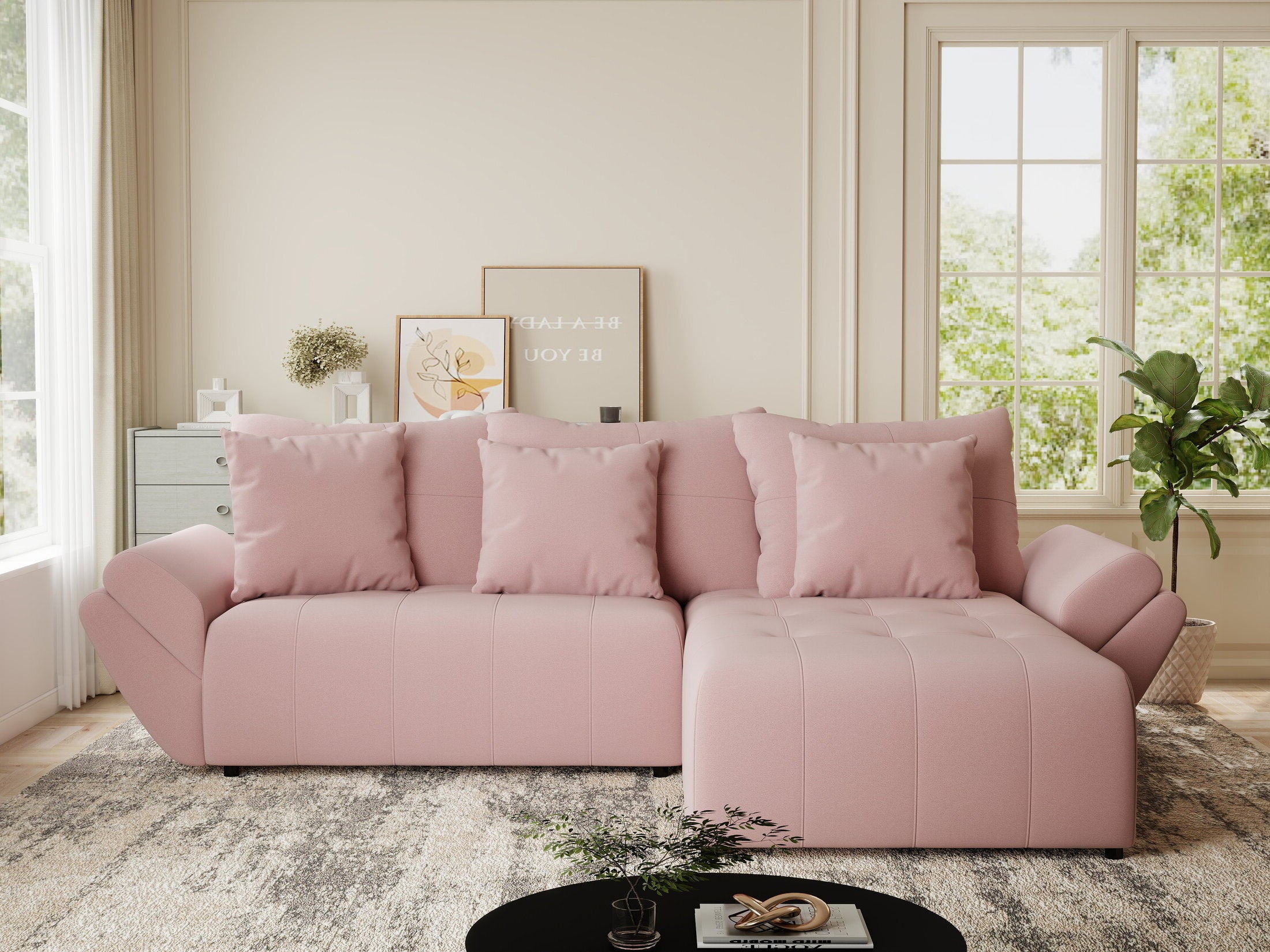 Colțar extensibil dumonde cu ladă de depozitare si sezut confortabil din spuma HR, Berlin Royal Roz 280x185 cm II