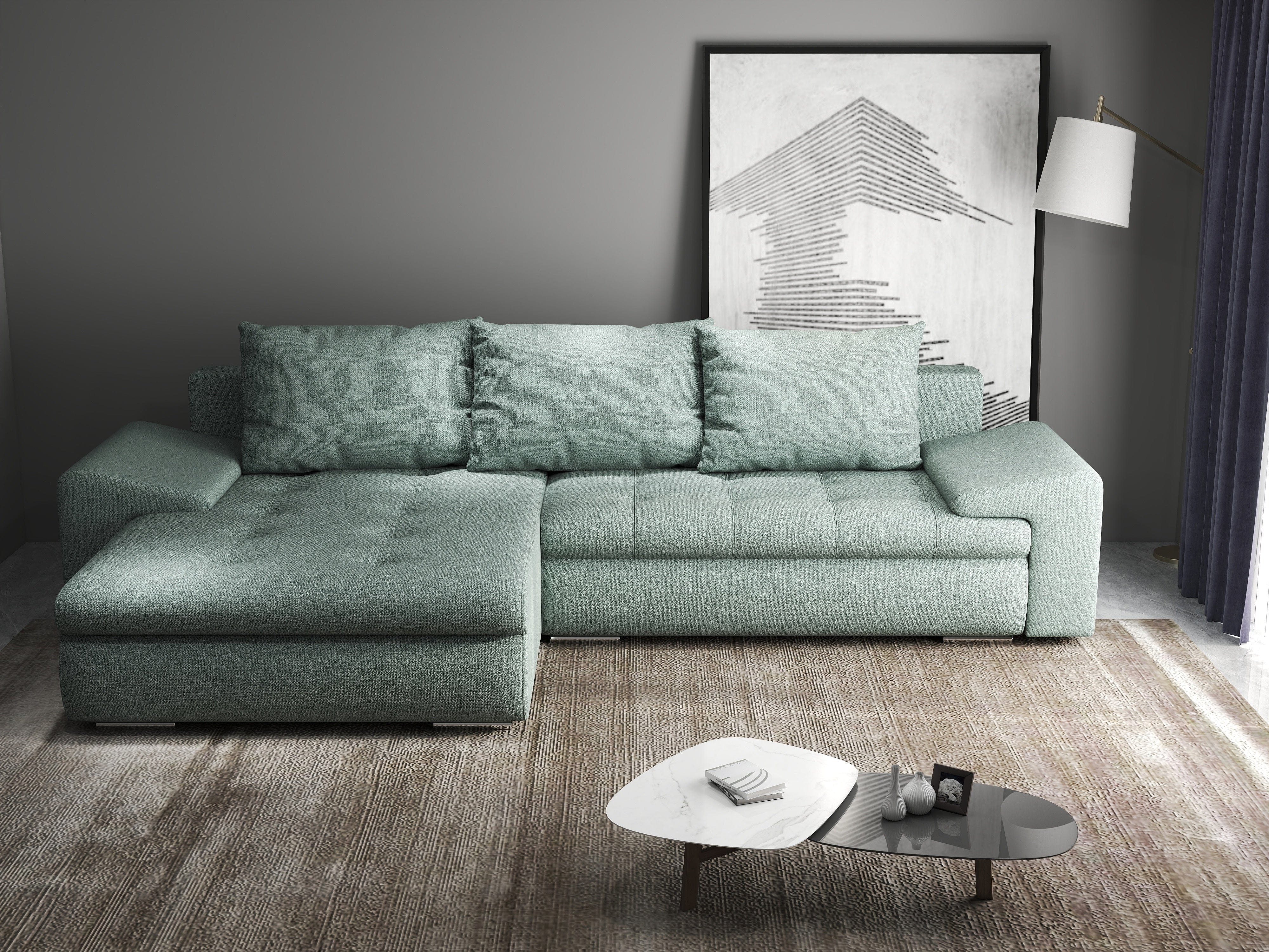 Colțar extensibil dumonde cu ladă de depozitare si sezut confortabil din spuma HR, Leonardo Enjoy Mint 260x185 cm Fabrica