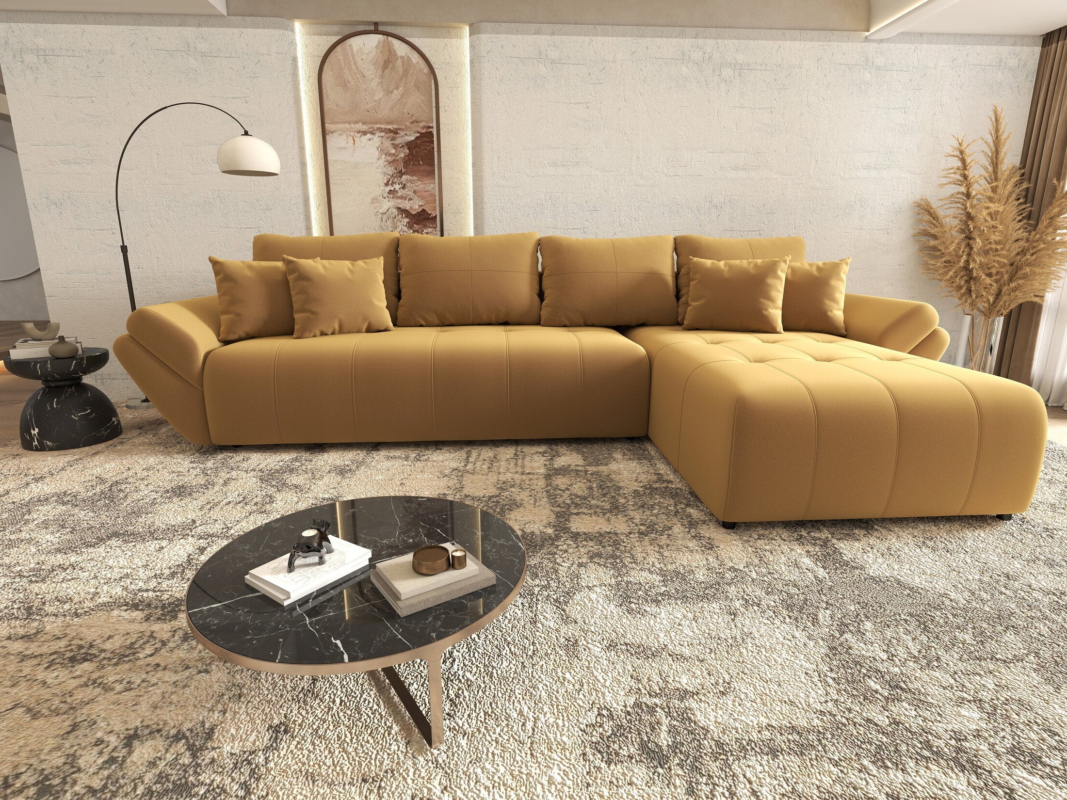 Colțar extensibil dumonde cu ladă de depozitare si sezut confortabil din spuma HR, Berlin XL Royal Mustar 350x185 cm II