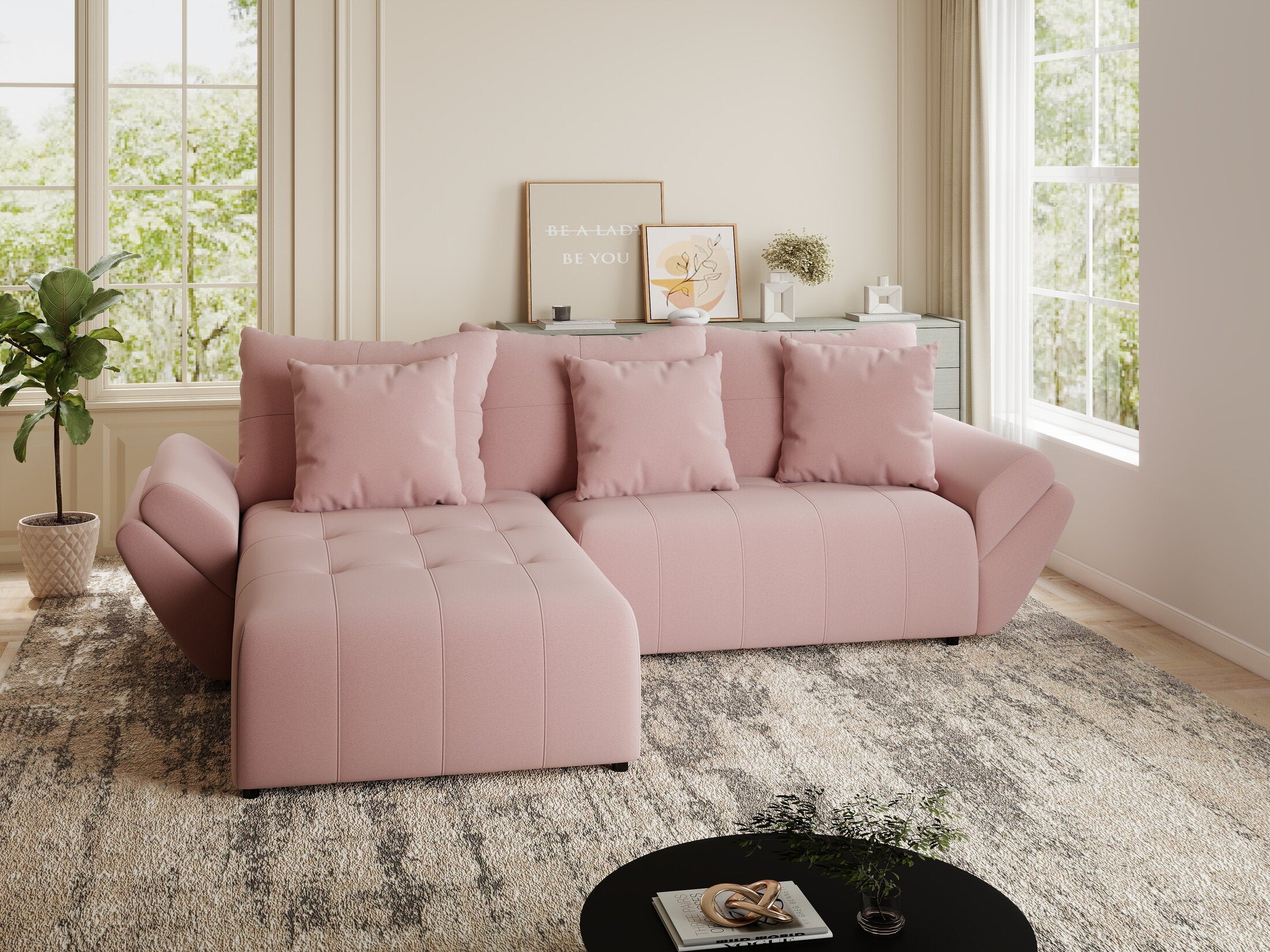 Colțar extensibil dumonde cu ladă de depozitare si sezut confortabil din spuma HR, Berlin Royal Roz 280x185 cm