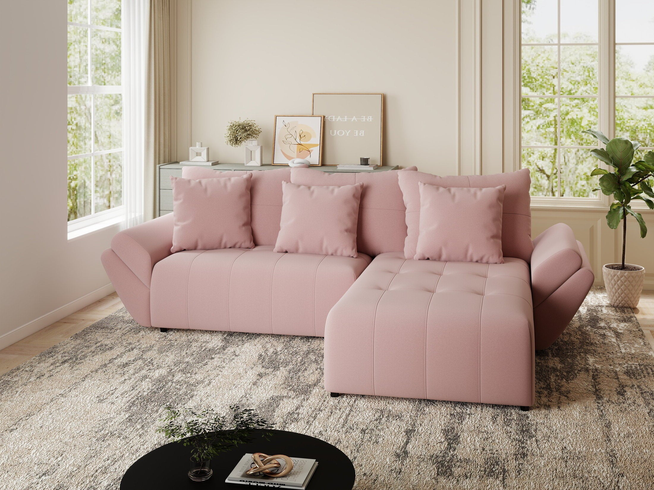 Colțar extensibil dumonde cu ladă de depozitare si sezut confortabil din spuma HR, Berlin Royal Roz 280x185 cm II