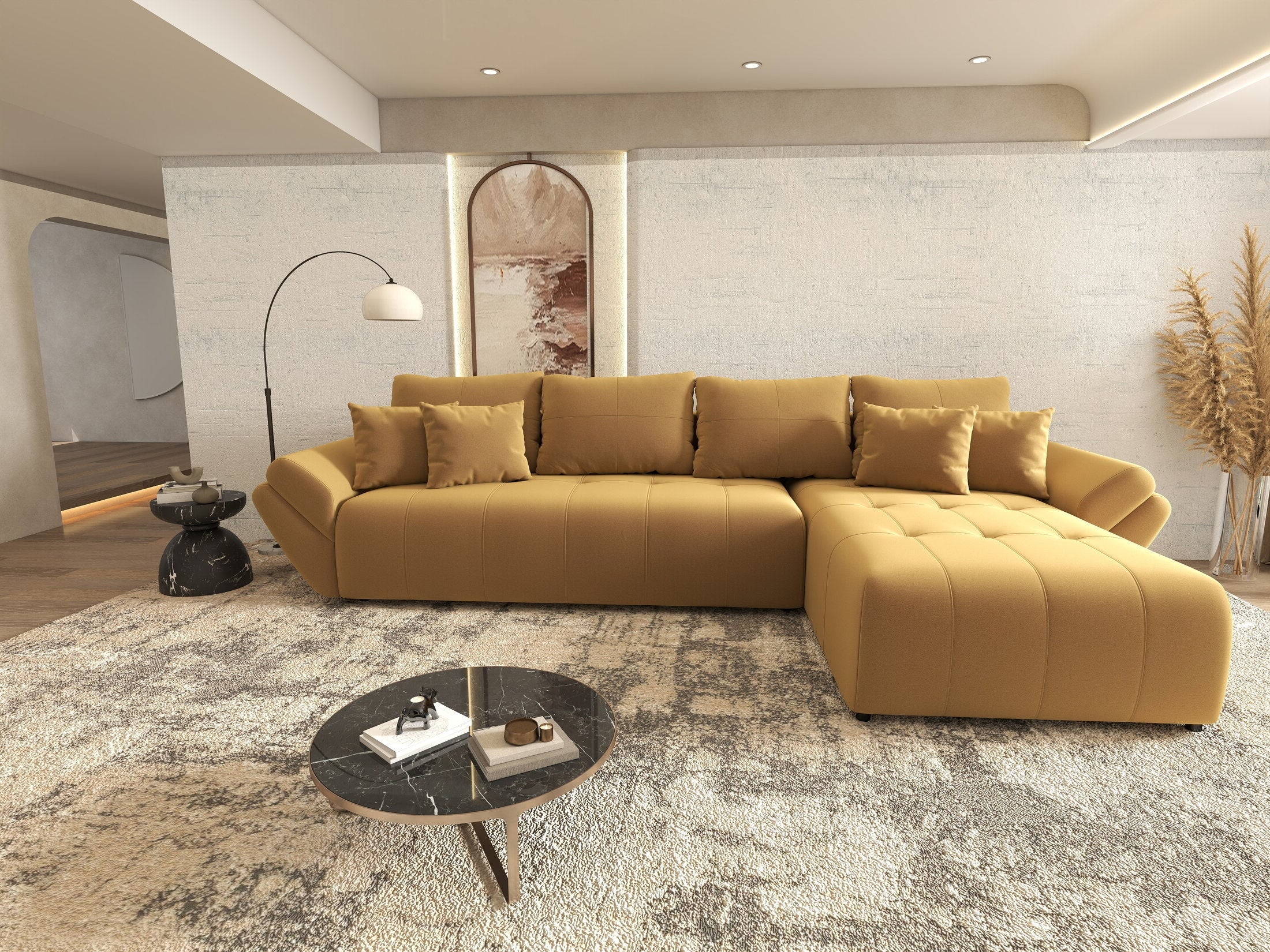 Colțar extensibil dumonde cu ladă de depozitare si sezut confortabil din spuma HR, Berlin XL Royal Mustar 350x185 cm II