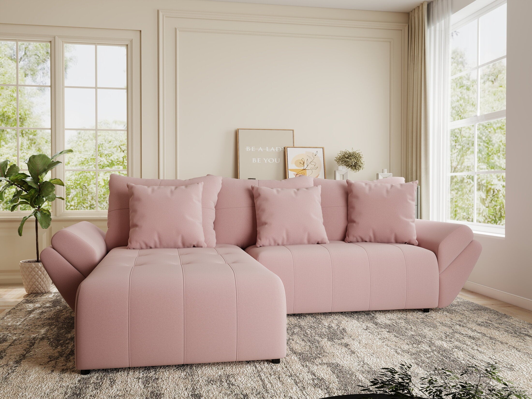 Colțar extensibil dumonde cu ladă de depozitare si sezut confortabil din spuma HR, Berlin Royal Roz 280x185 cm