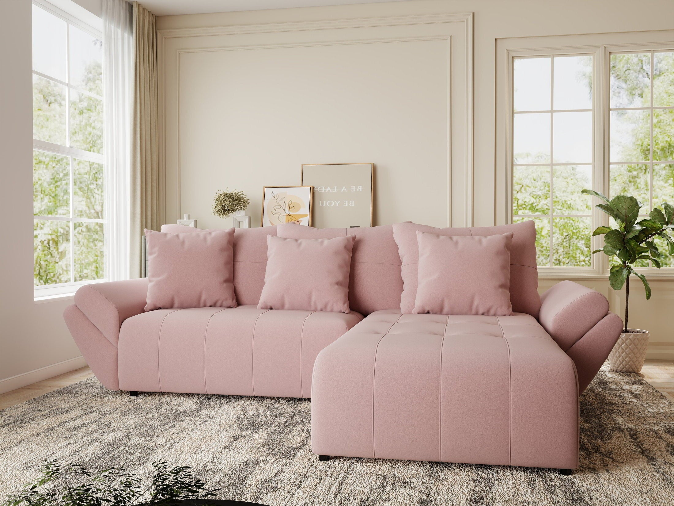 Colțar extensibil dumonde cu ladă de depozitare si sezut confortabil din spuma HR, Berlin Royal Roz 280x185 cm II