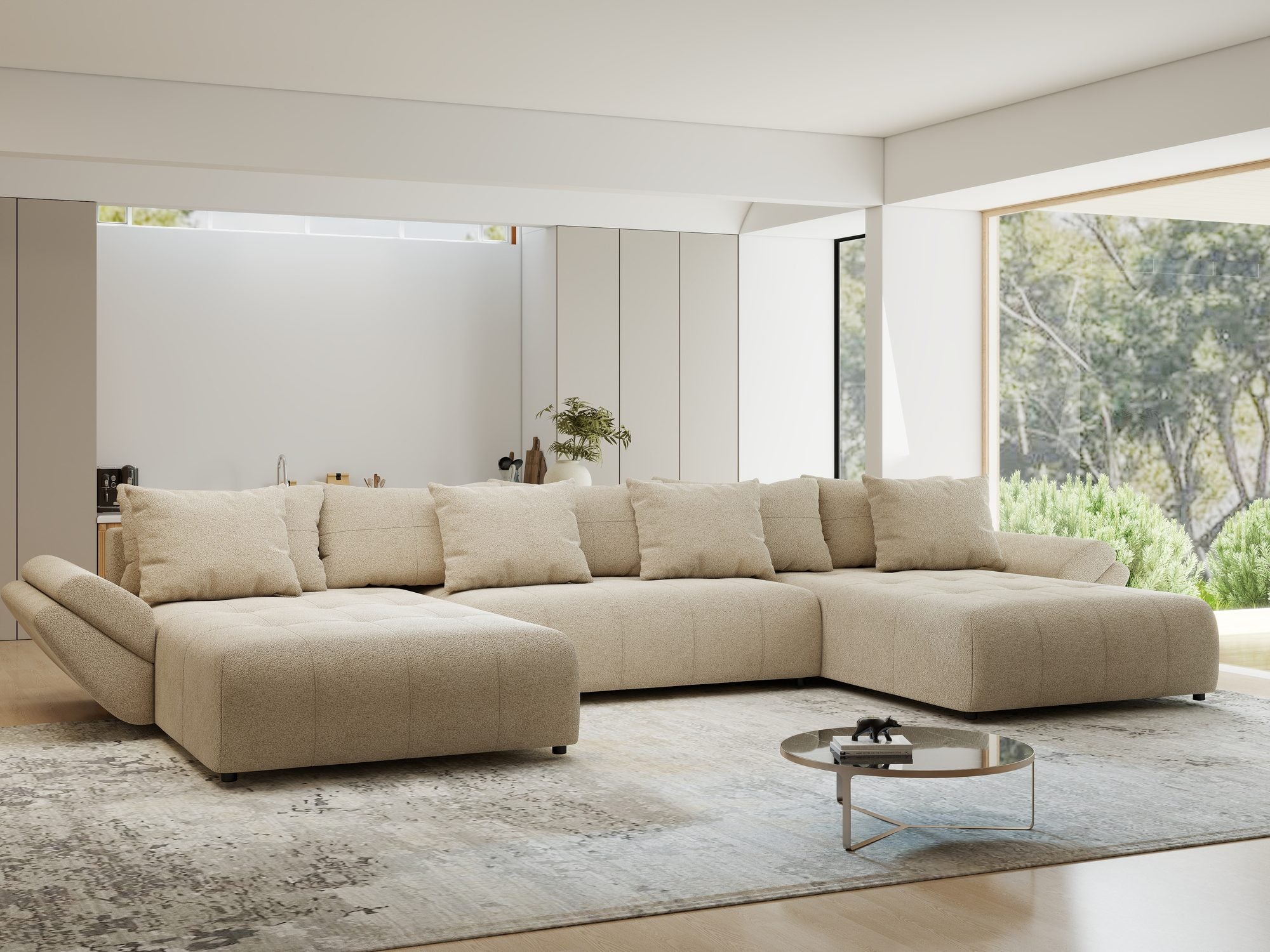 Colțar extensibil dumonde cu ladă de depozitare si sezut confortabil din spuma high-density, Berlin U Quelle Bej 05 380x180 cm