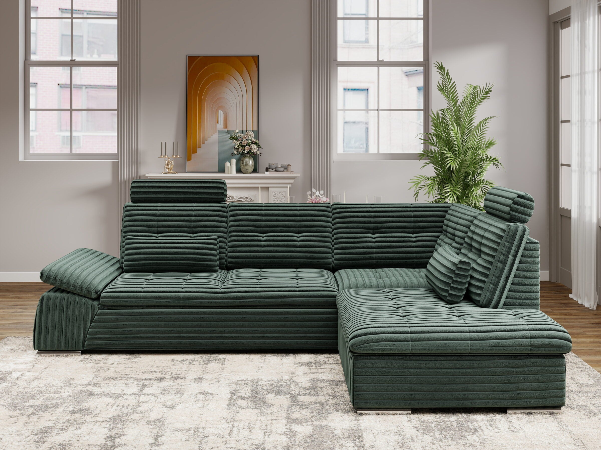 Colțar extensibil dumonde cu ladă de depozitare și șezut confortabil din spumă HR, Merkur XL Ambience Verde 256x217 cm II