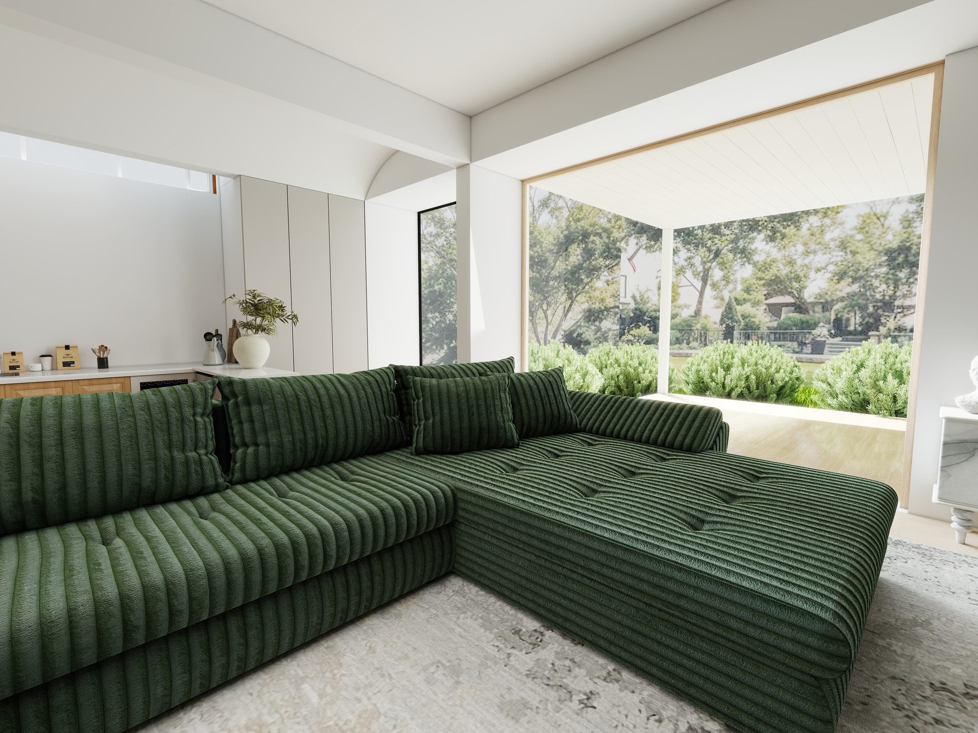 Colțar extensibil dumonde cu ladă de depozitare si sezut confortabil din spuma high-density, Loana U Tilia Verde 39 355x185 cm