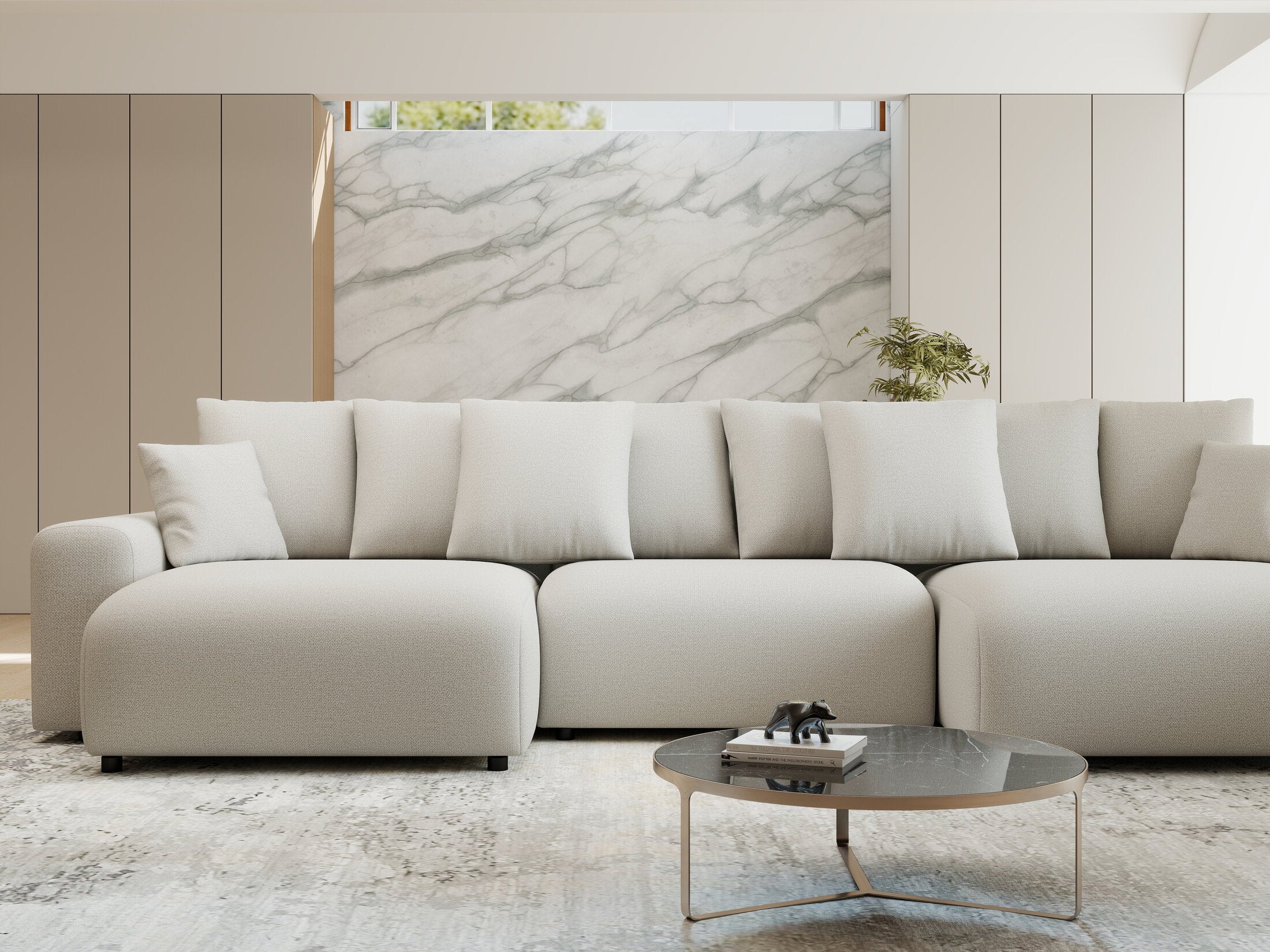 Colțar extensibil dumonde cu ladă de depozitare si sezut confortabil din spuma HR, Luma U Enjoy Bej 336x140 cm