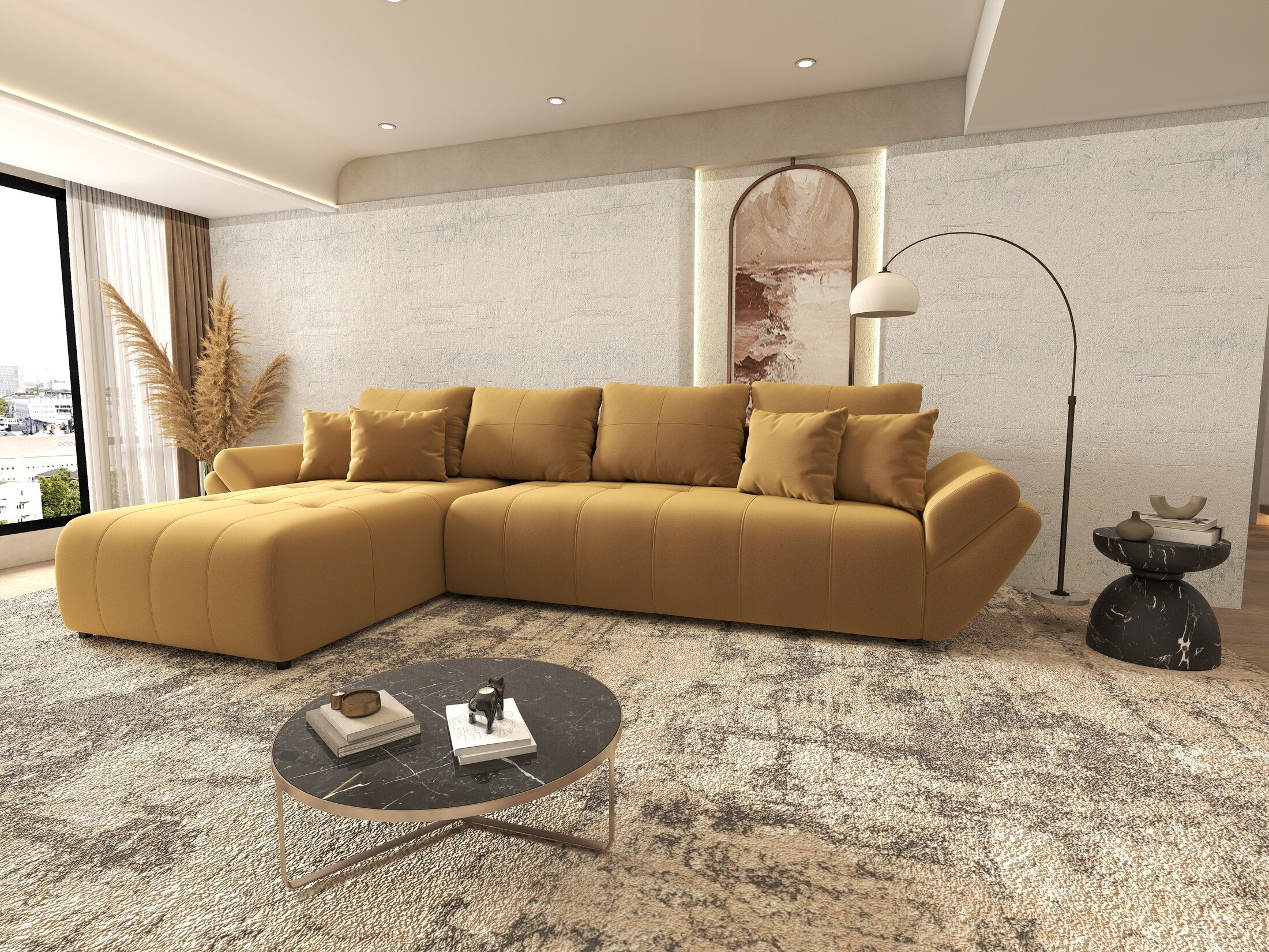 Colțar extensibil dumonde cu ladă de depozitare si sezut confortabil din spuma HR, Berlin XL Royal Mustar 350x185 cm