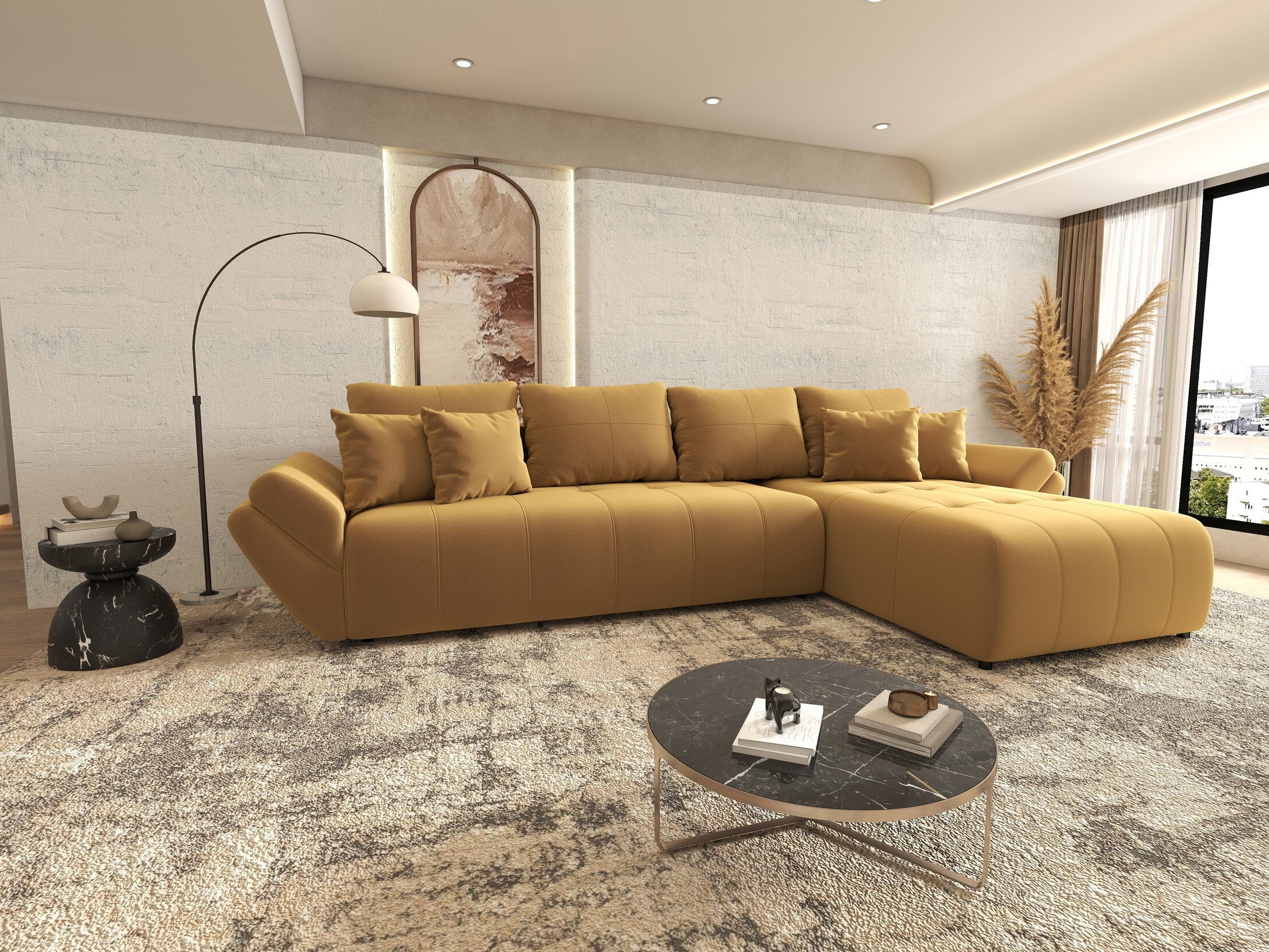 Colțar extensibil dumonde cu ladă de depozitare si sezut confortabil din spuma HR, Berlin XL Royal Mustar 350x185 cm II