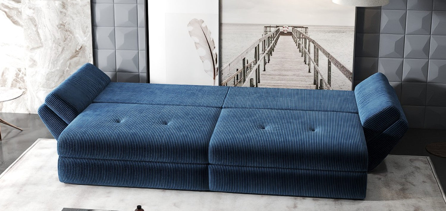 Canapea extensibilă dumonde cu ladă de depozitare si sezut confortabil din spuma HR, Loana Zoom Albastru 300x100 cm Fabrica