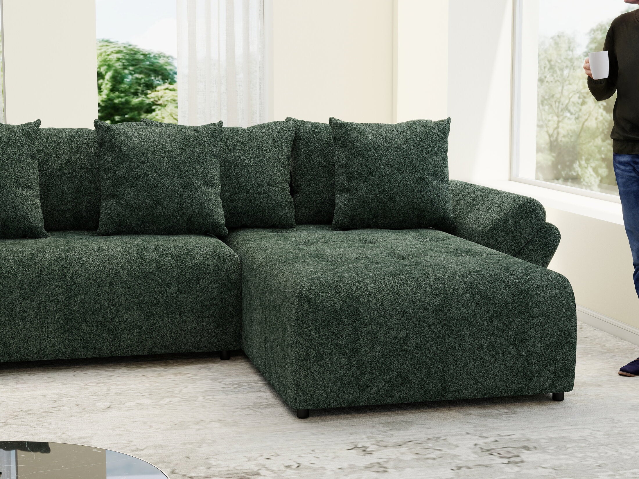 Colțar extensibil dumonde cu ladă de depozitare si sezut confortabil din spuma HR, Berlin U Euphoria Verde 380x180 cm