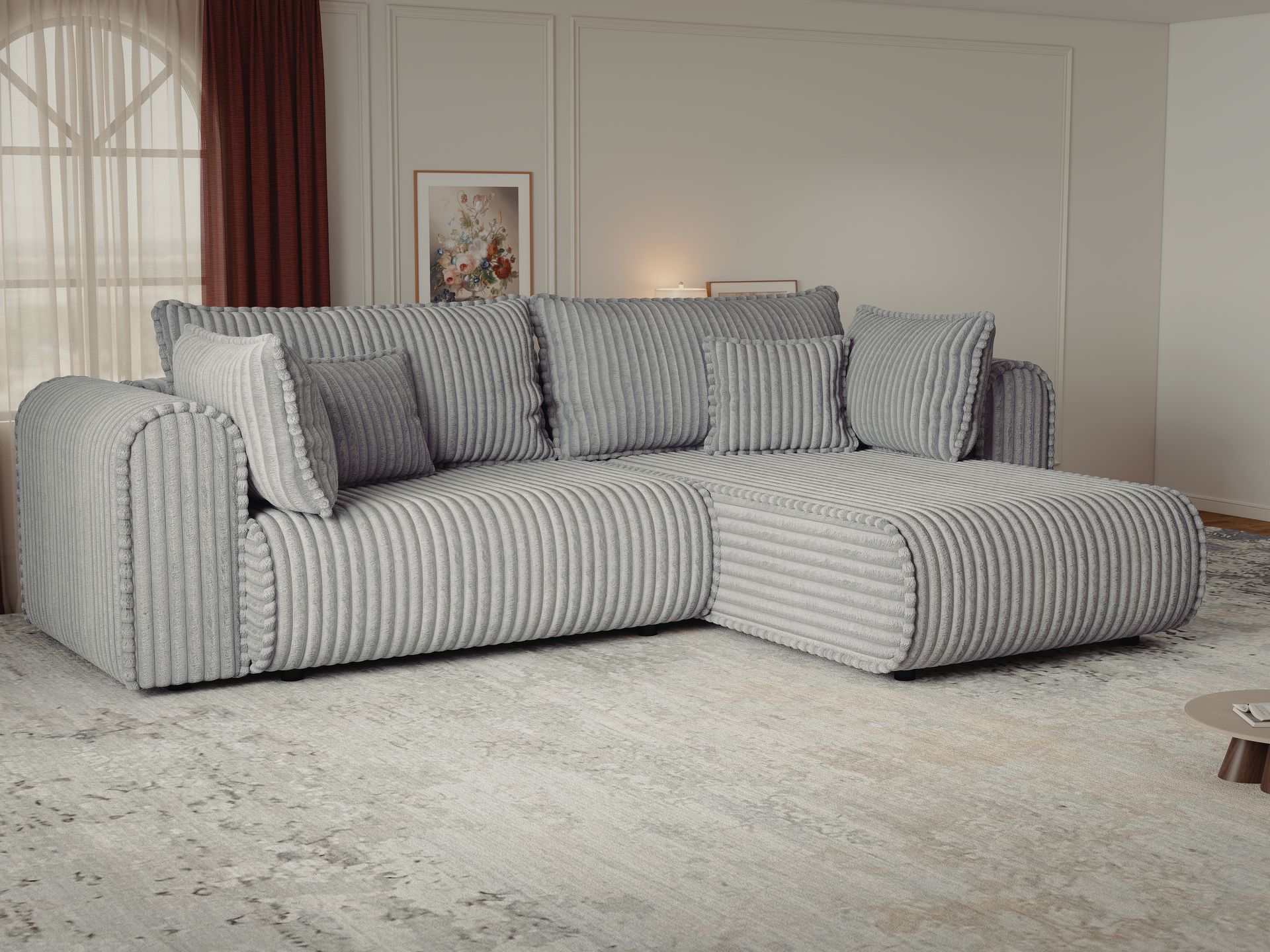 Colțar extensibil dumonde cu ladă de depozitare si sezut confortabil din spuma high-density, Monaco L Tilia Dove II 270x100 cm