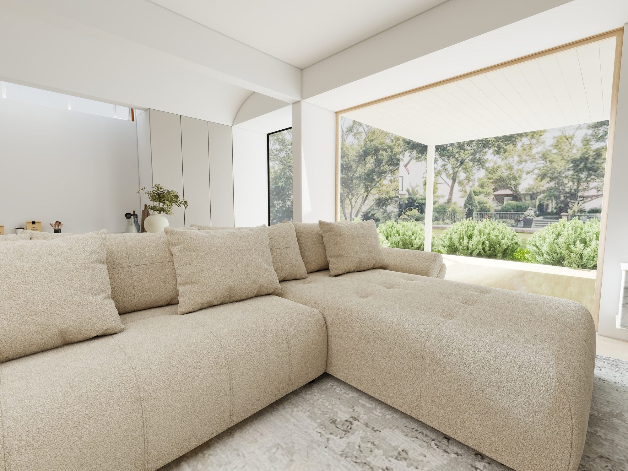 Colțar extensibil dumonde cu ladă de depozitare si sezut confortabil din spuma high-density, Berlin U Quelle Bej 05 380x180 cm
