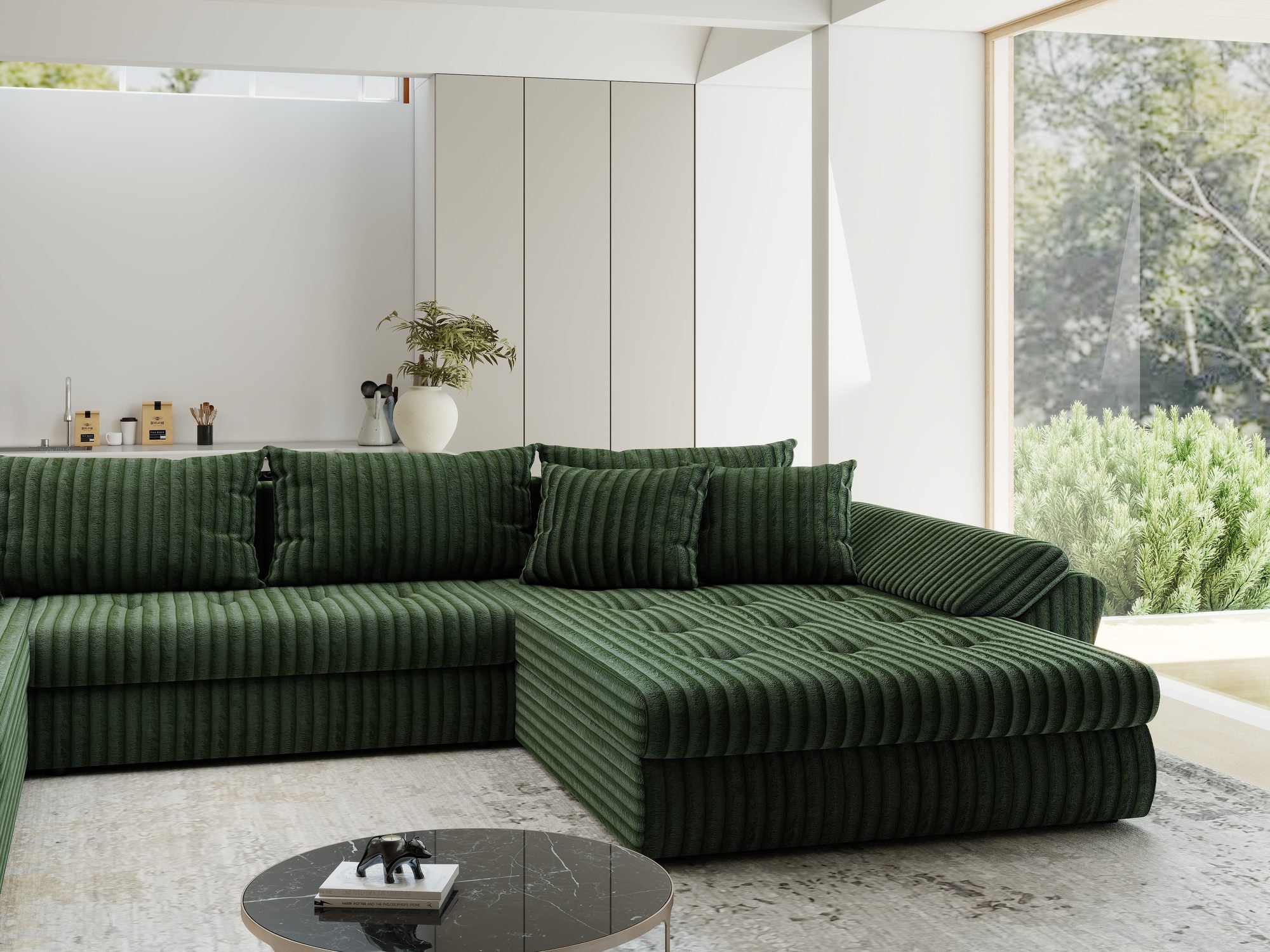 Colțar extensibil dumonde cu ladă de depozitare si sezut confortabil din spuma high-density, Loana U Tilia Verde 39 355x185 cm