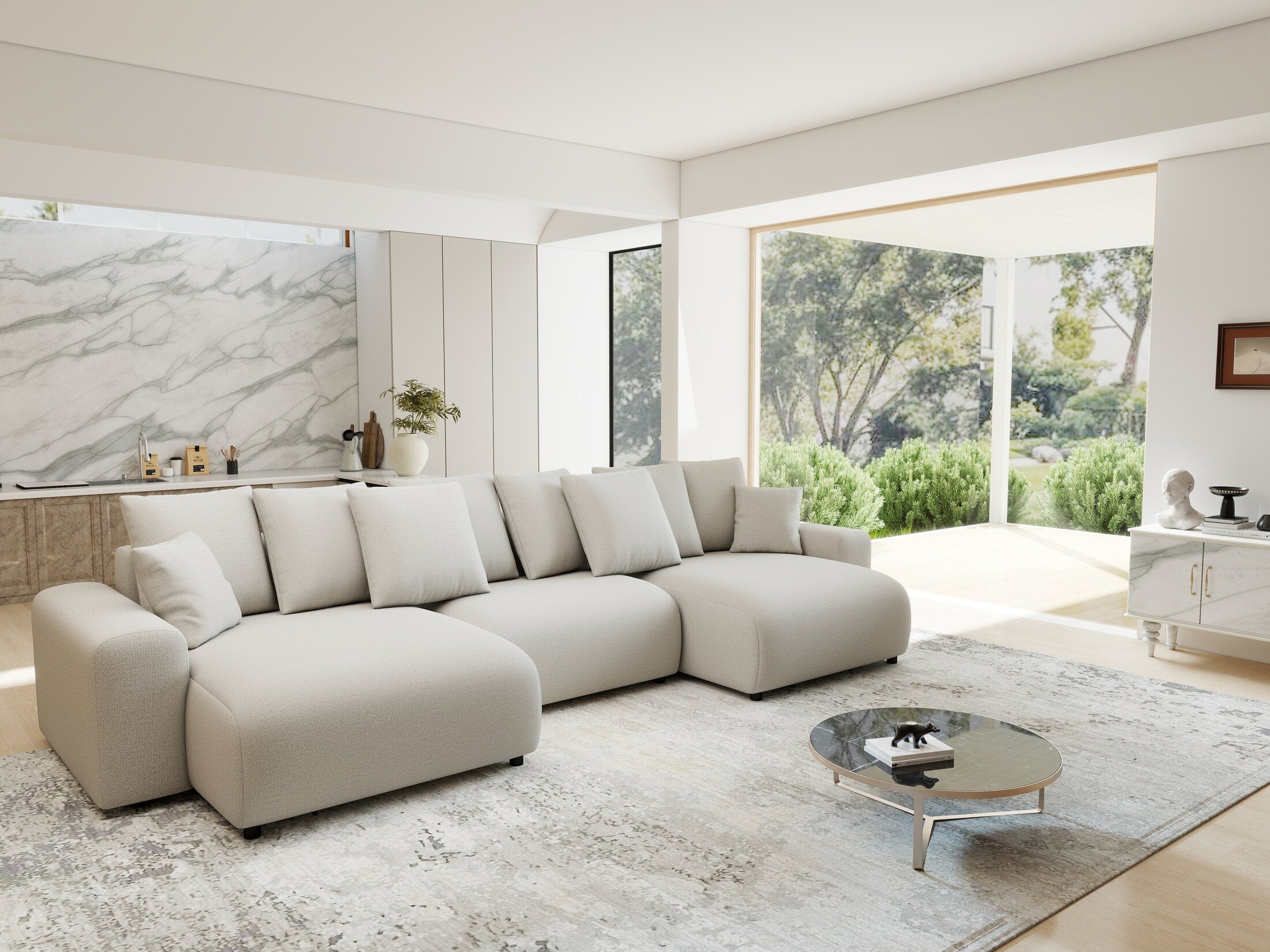 Colțar extensibil dumonde cu ladă de depozitare si sezut confortabil din spuma HR, Luma U Enjoy Bej 336x140 cm