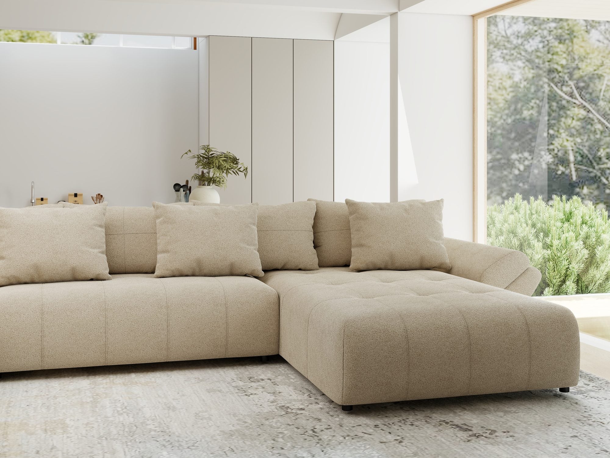 Colțar extensibil dumonde cu ladă de depozitare si sezut confortabil din spuma high-density, Berlin U Quelle Bej 05 380x180 cm