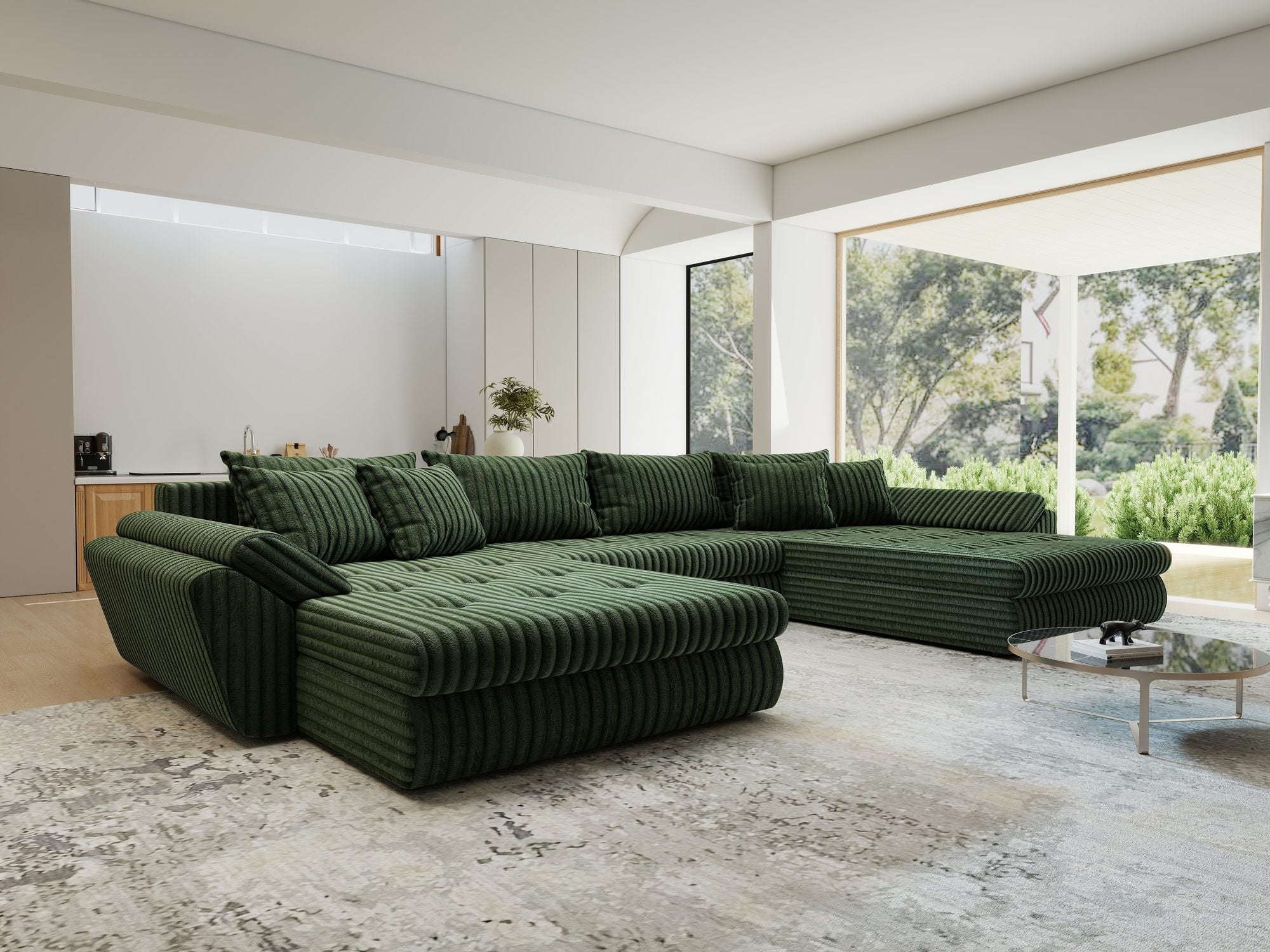 Colțar extensibil dumonde cu ladă de depozitare si sezut confortabil din spuma high-density, Loana U Tilia Verde 39 355x185 cm