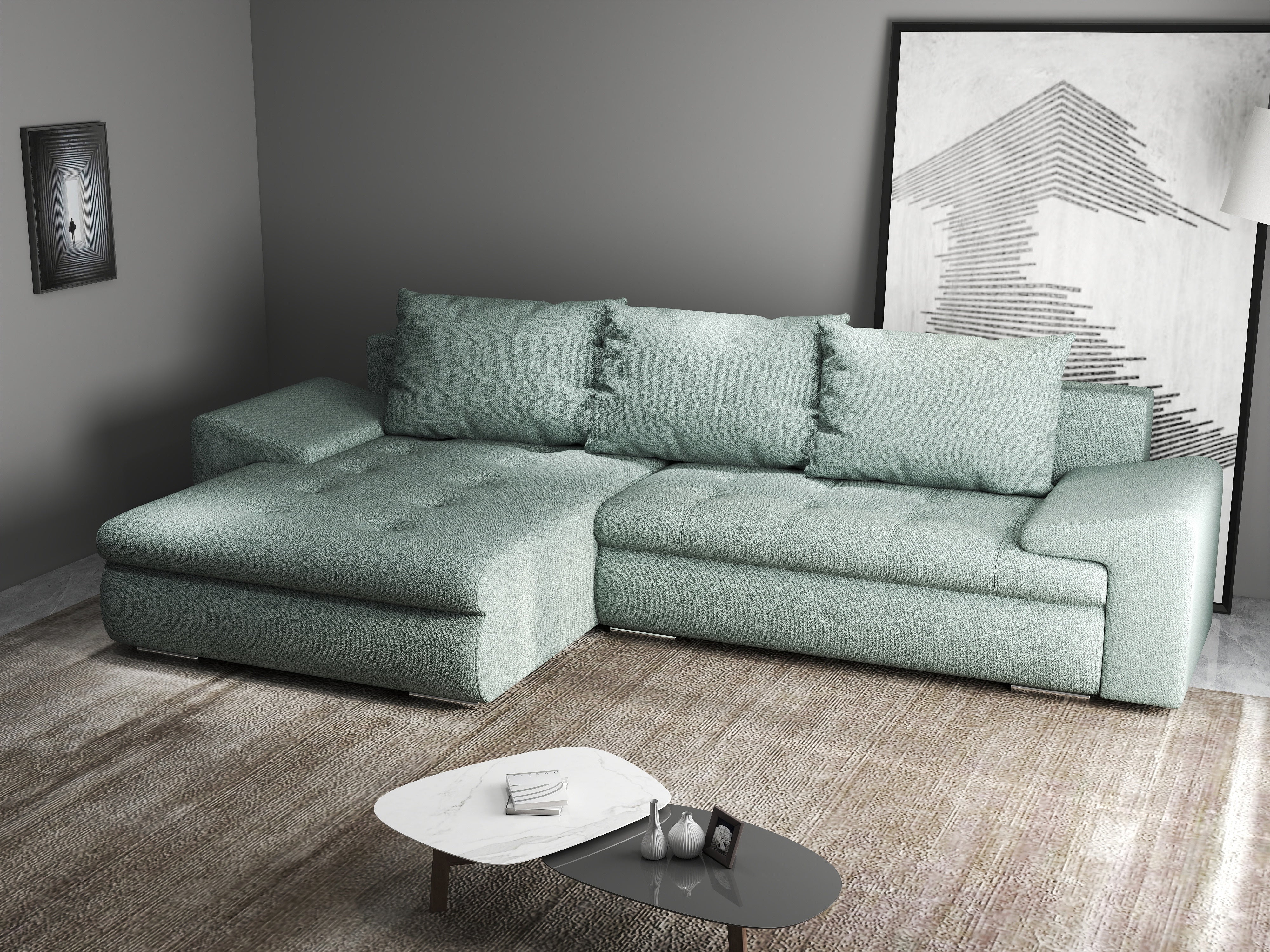 Colțar extensibil dumonde cu ladă de depozitare si sezut confortabil din spuma HR, Leonardo Enjoy Mint 260x185 cm Fabrica