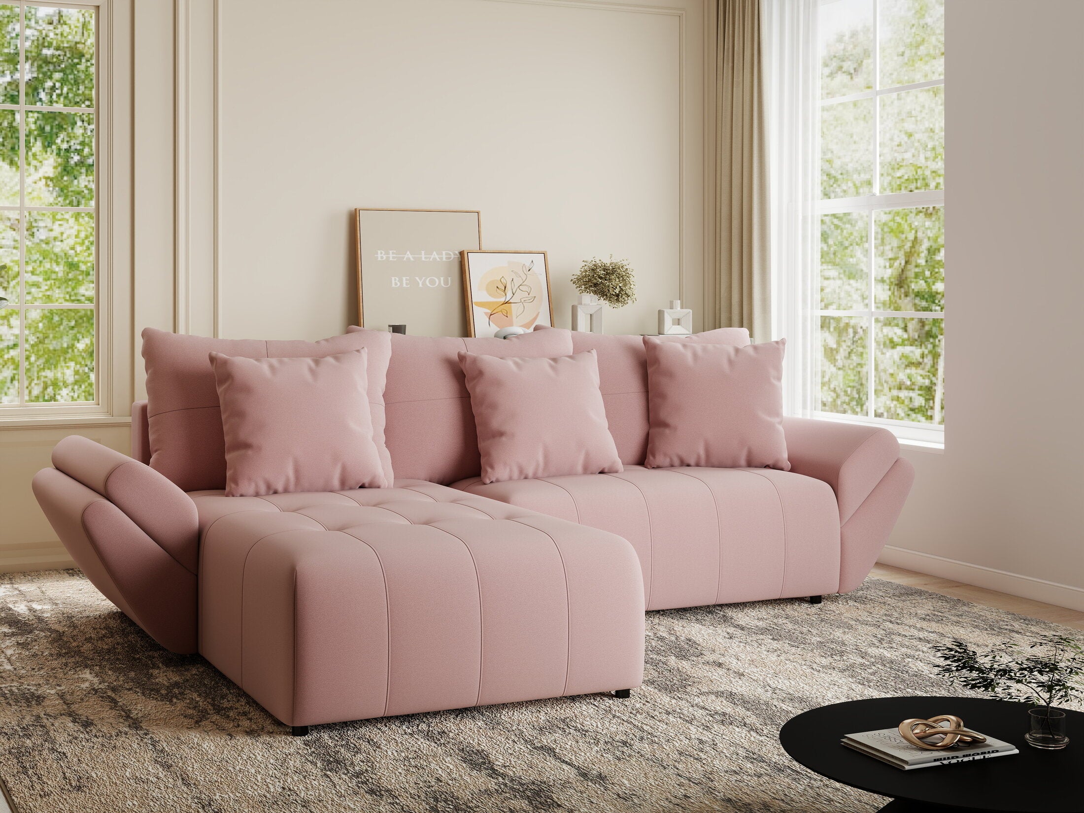 Colțar extensibil dumonde cu ladă de depozitare si sezut confortabil din spuma HR, Berlin Royal Roz 280x185 cm