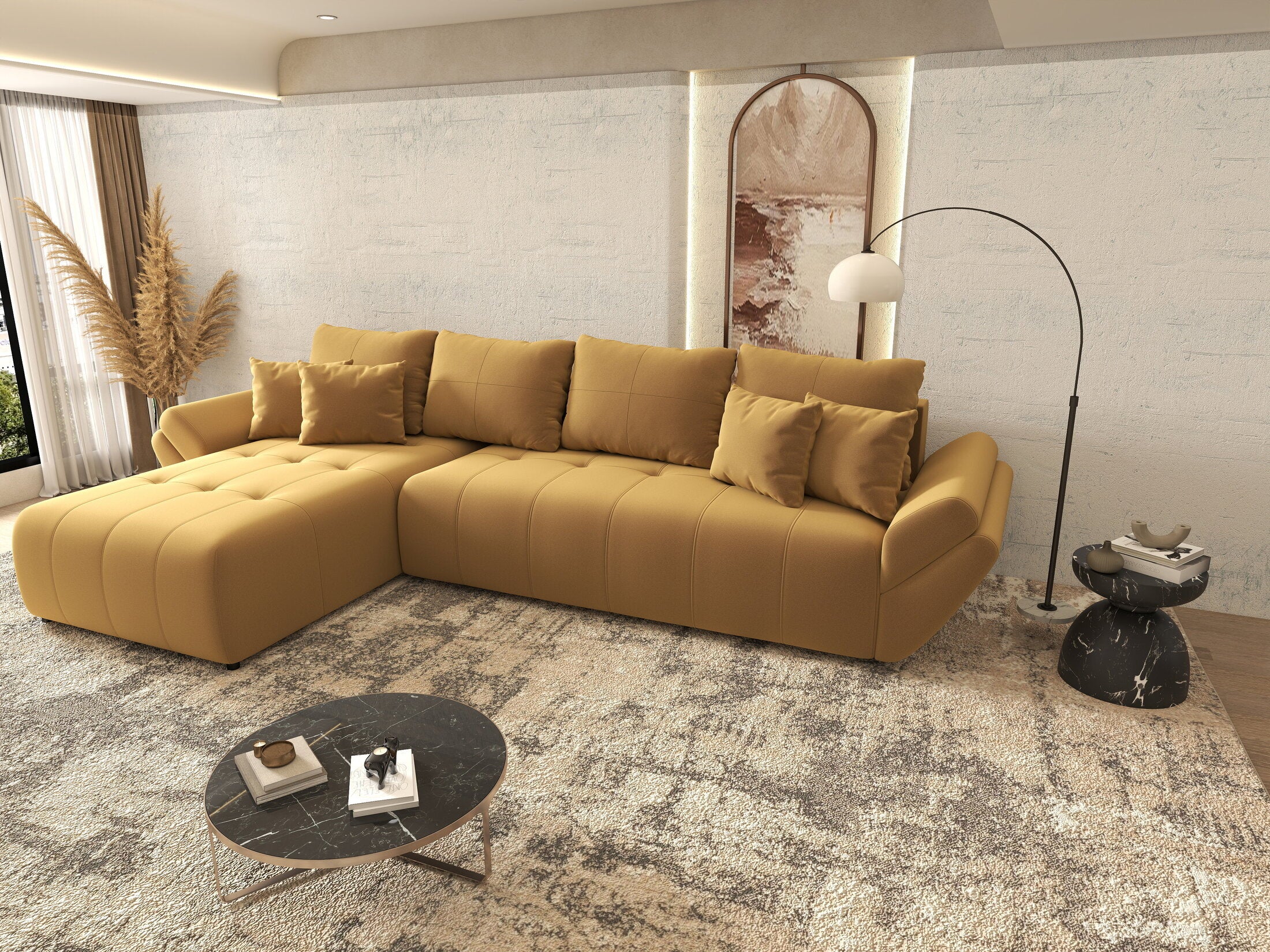 Colțar extensibil dumonde cu ladă de depozitare si sezut confortabil din spuma HR, Berlin XL Royal Mustar 350x185 cm