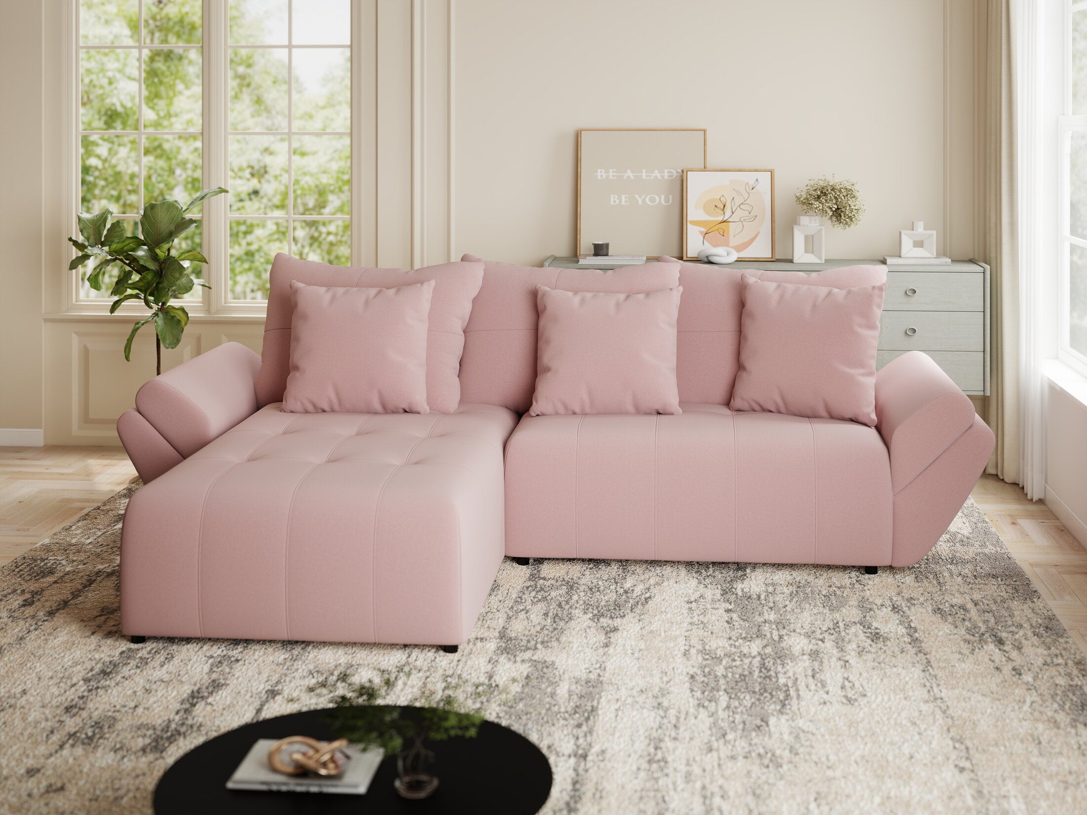 Colțar extensibil dumonde cu ladă de depozitare si sezut confortabil din spuma HR, Berlin Royal Roz 280x185 cm